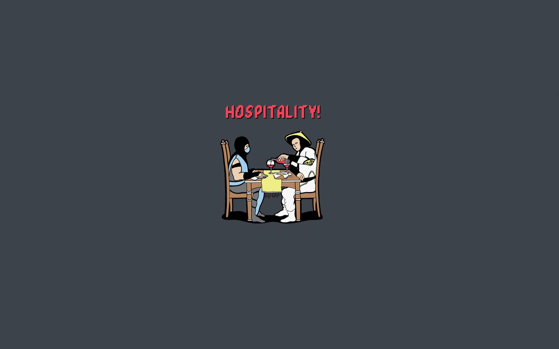 兩個戴著口罩的人在餐桌旁用餐，上方有「HOSPITALITY!」文字。