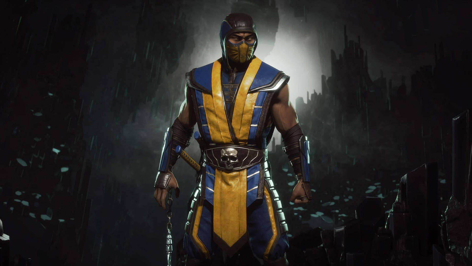 Mortal Kombat 角色 Scorpion 身穿藍色和金色盔甲，站在黑暗多雨的城市中。