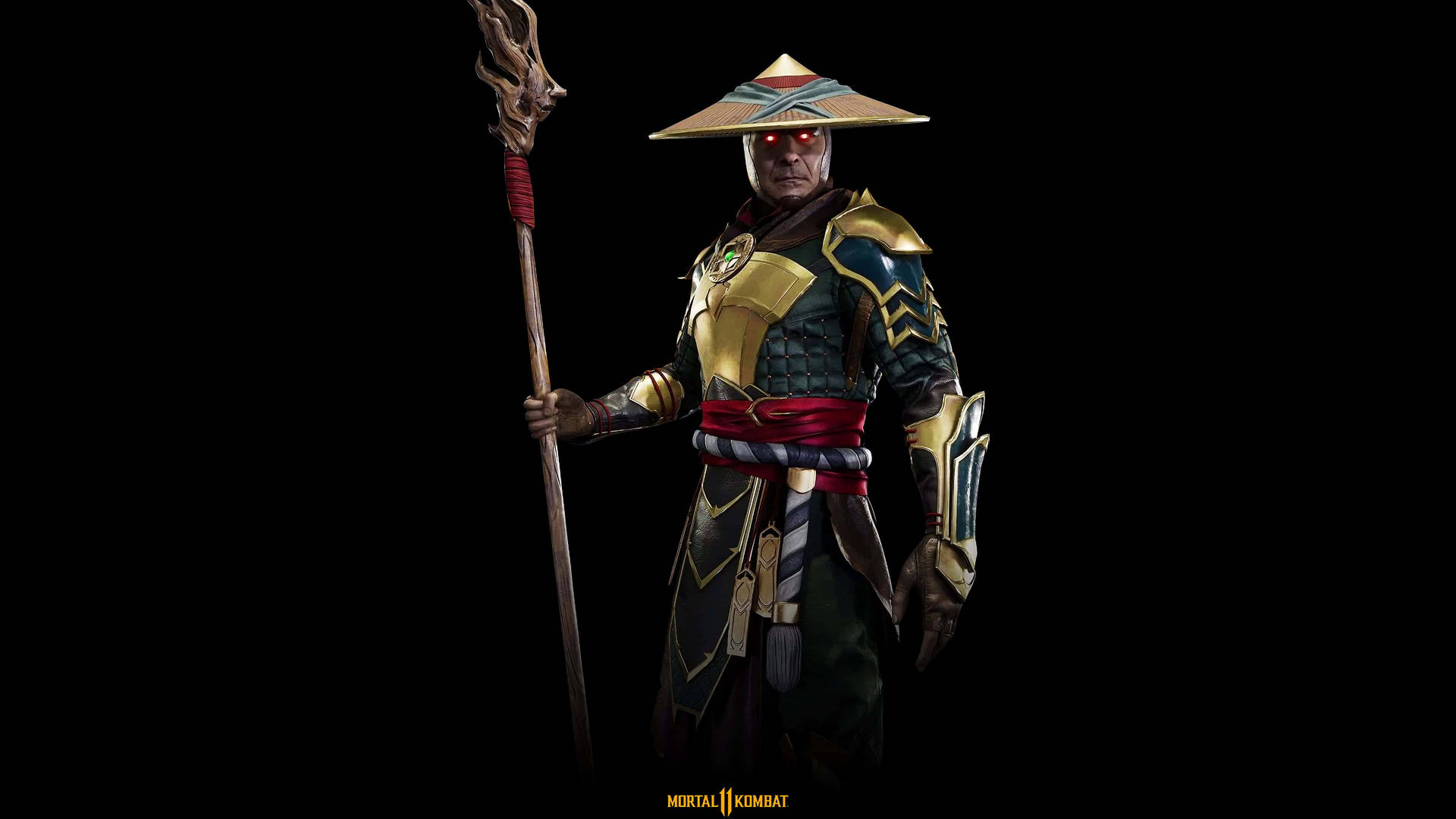 Mortal Kombat 戰士，雙眼發出紅光，身穿華麗盔甲，手持帶刺法杖。