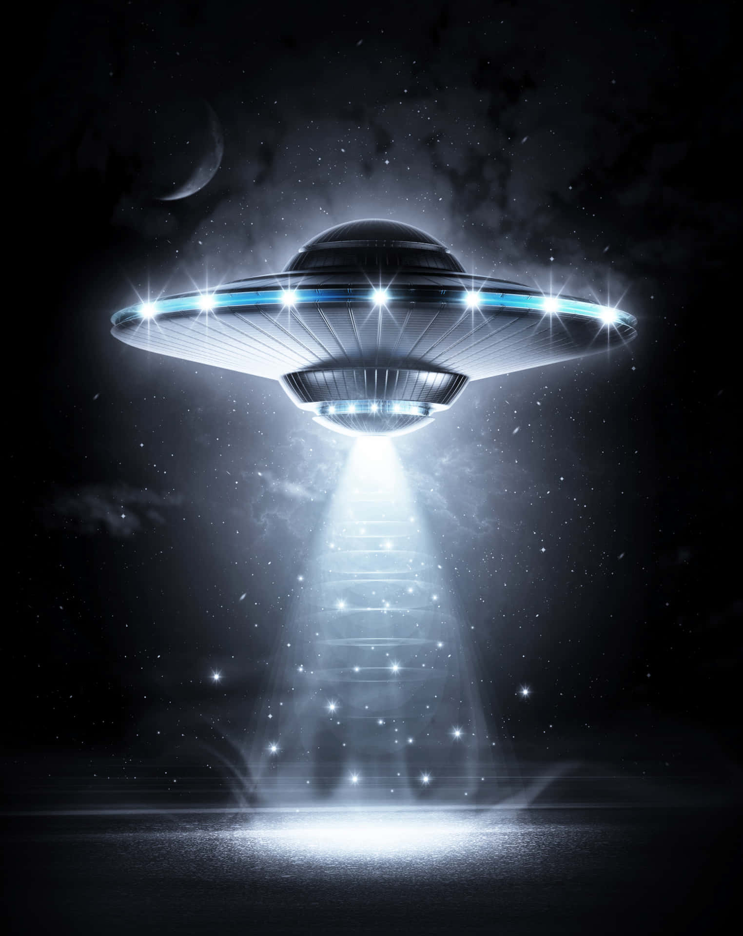 一個發光的UFO在黑暗的風景上空盤旋，在星空夜空和彎月下發射出明亮的光束。 — 外星人 壁紙