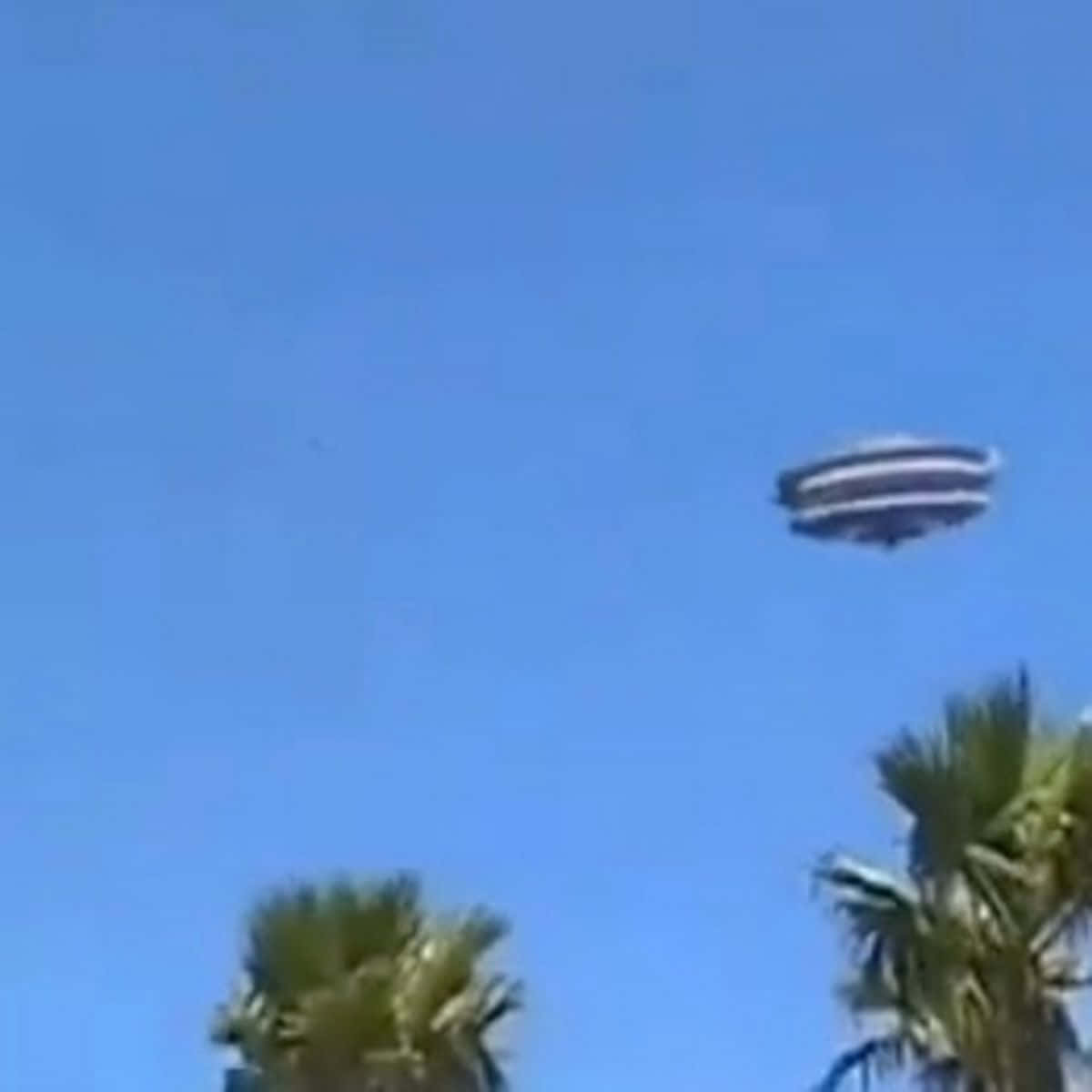 一個條紋UFO在藍天下的棕櫚樹上空飛行。