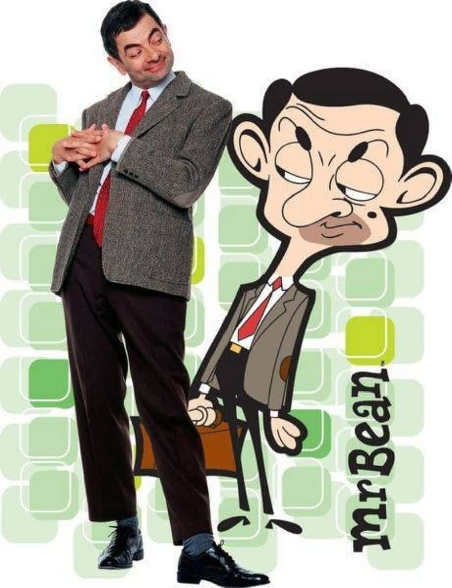 Mr Bean 桌布 壁紙 — 真實嘅Mr. Bean企喺佢嘅卡通版隔籬，背景係綠色圖案。