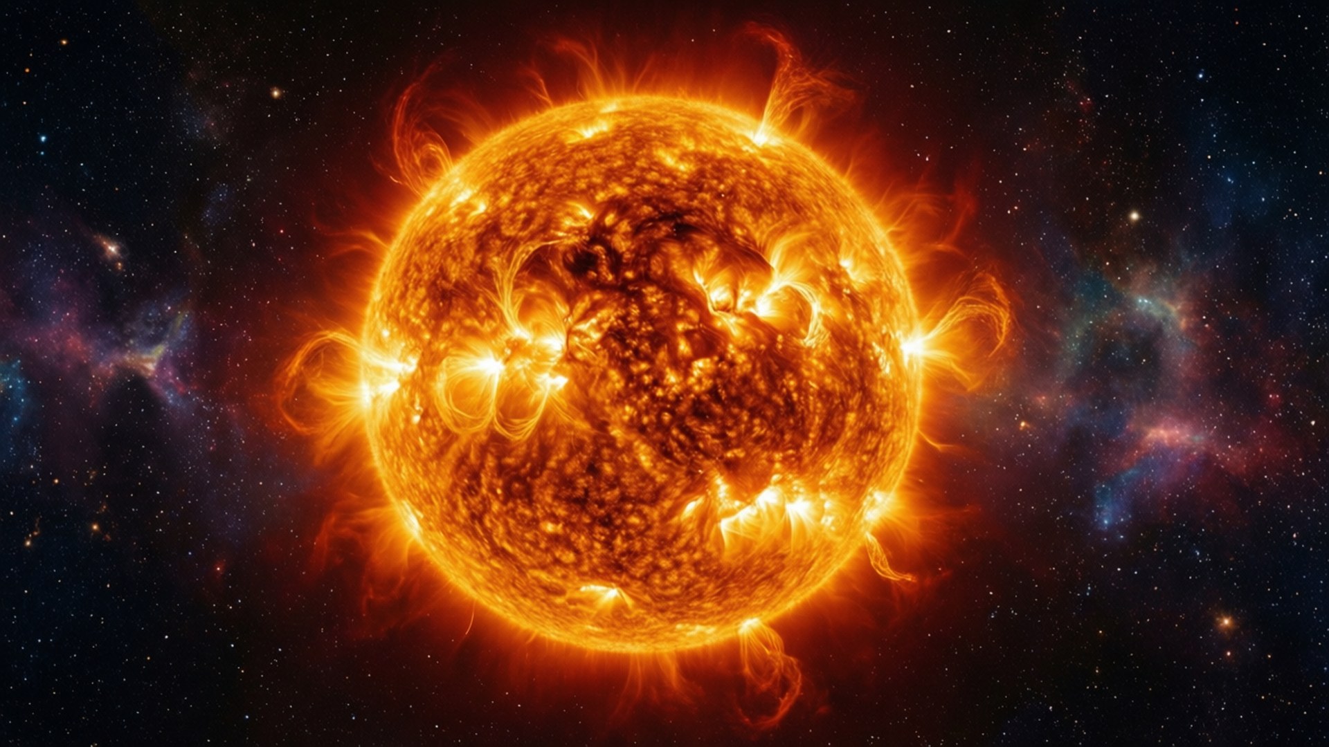 一顆燃燒的太陽伴隨著太陽耀斑，以色彩繽紛的星雲和星場為背景。