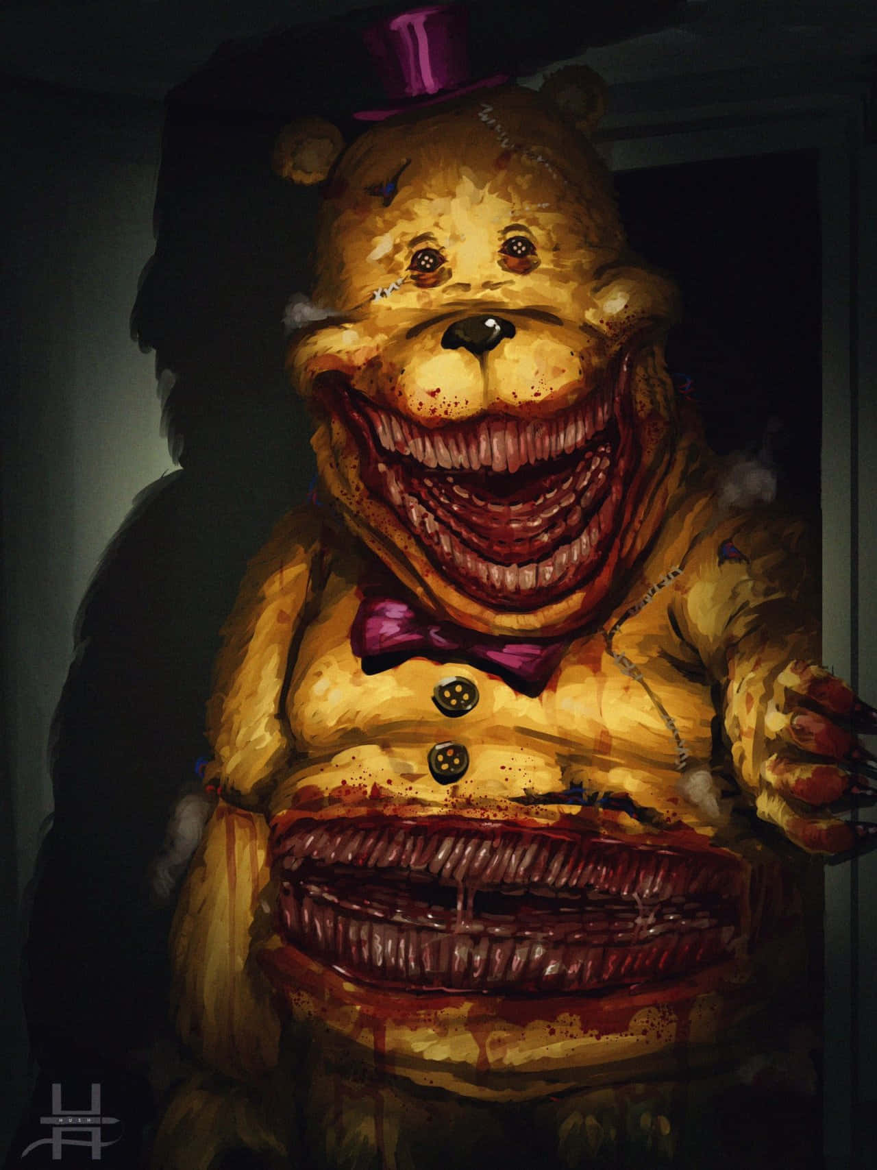 真實恐懼的弗雷迪 FNAF 圖片 壁紙 — 一隻怪異的黃色電子熊，帶著血淋淋的咧嘴笑和紫色高帽，在黑暗的房間中若隱若現。