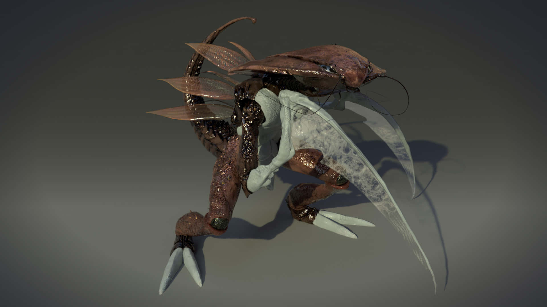 一個具有半透明翅膀和鋒利爪子的生物機械昆蟲狀生物。