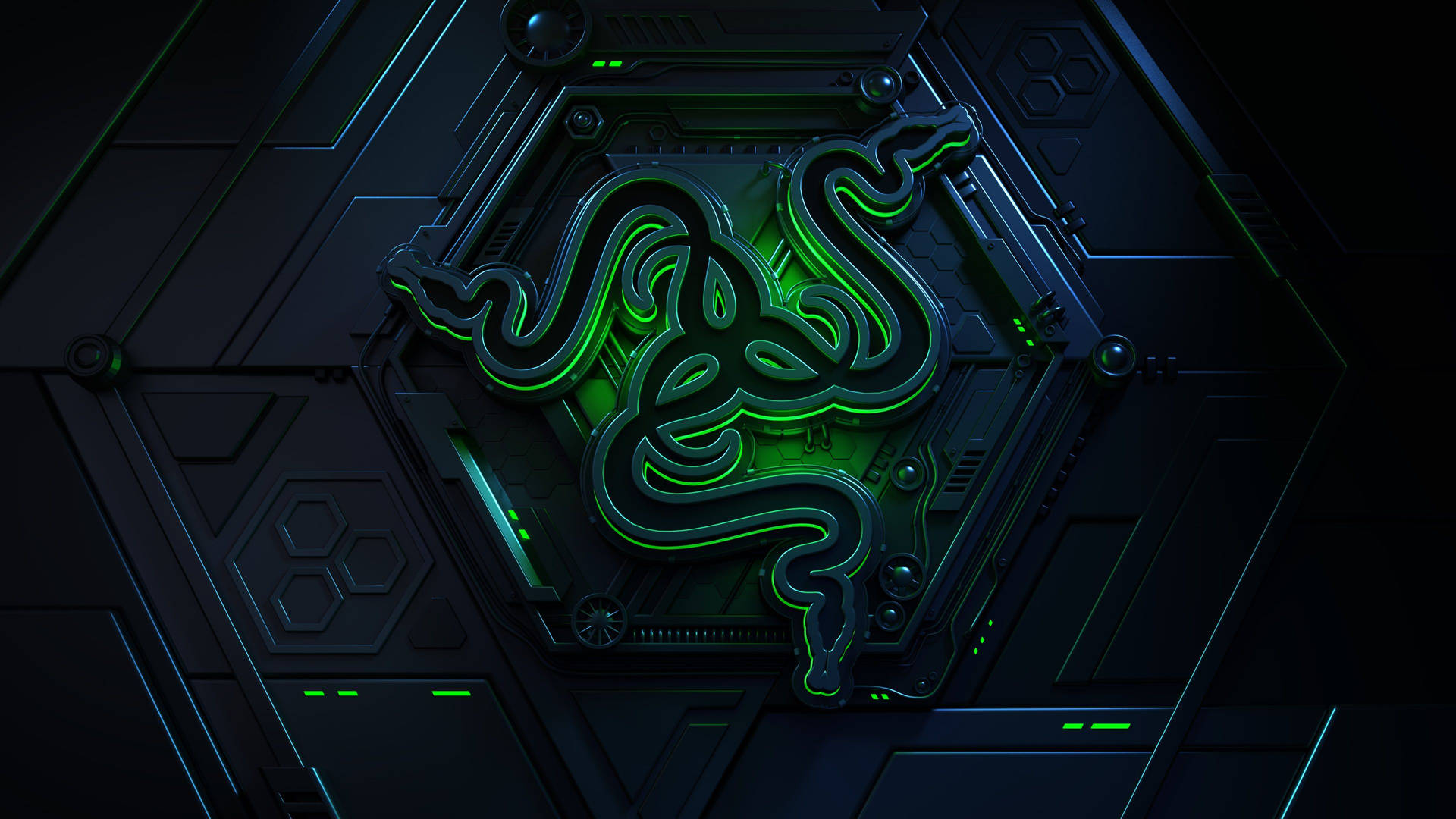 黑暗未來科技背景上的發光綠色Razer標誌