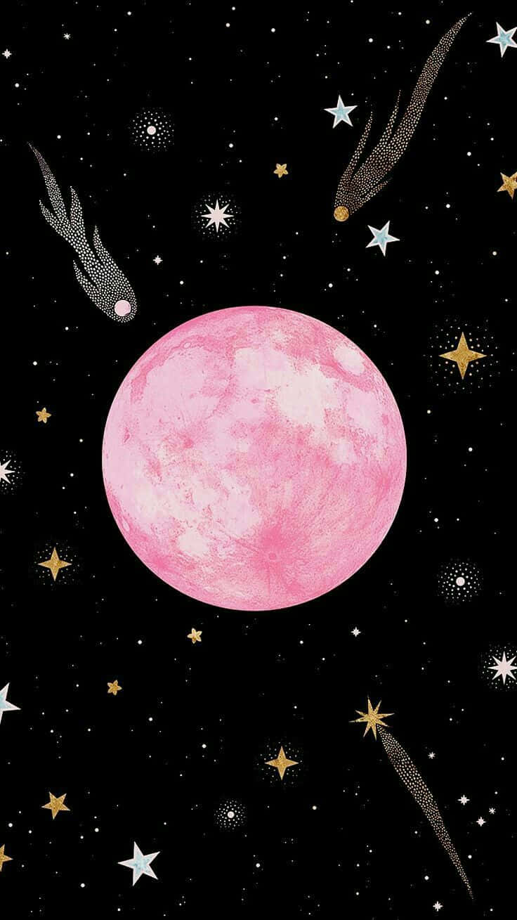 真實粉紅月亮夜景 壁紙 — 一輪夢幻粉紅月亮漂浮在繁星點點的夜空，伴隨著閃爍的流星和金白色的星星。