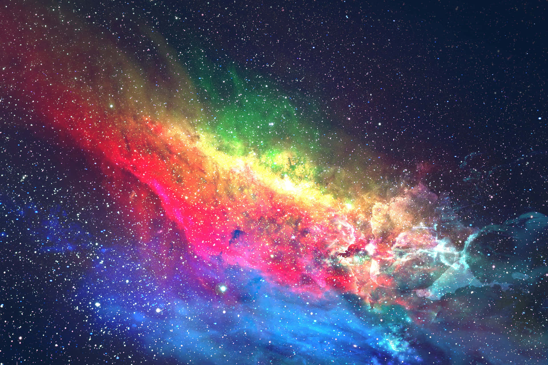 充滿活力的宇宙星雲，在繁星點點的夜空中有旋轉的紅色、綠色和藍色雲彩。