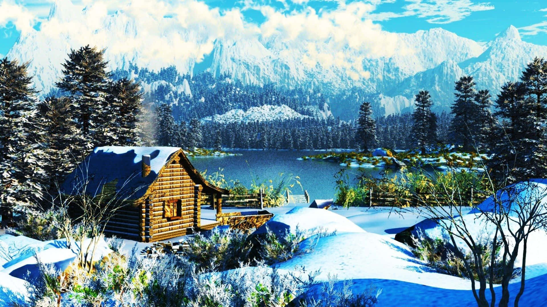 結冰湖邊被雪覆蓋的小屋，周圍環繞著松樹和山脈。