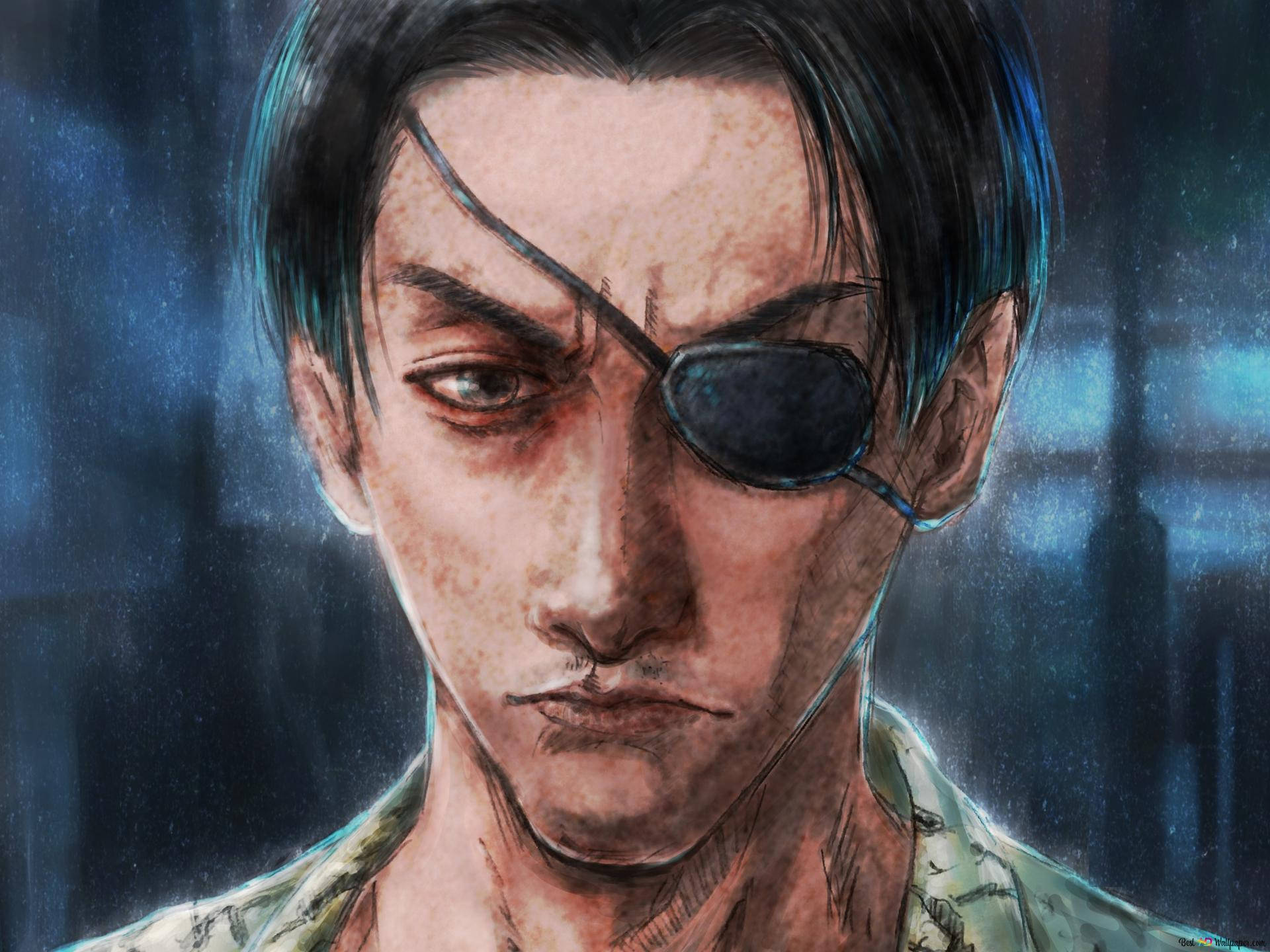 一個嚴肅的動漫男人，在雨天的城市環境中戴著眼罩。