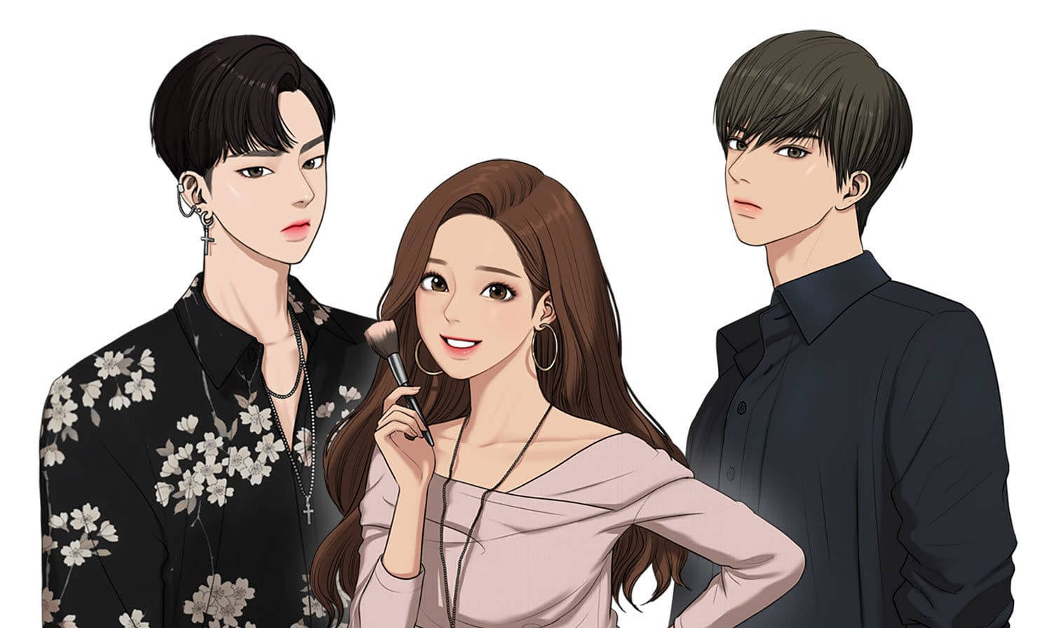 《真愛如花》主角群 壁紙 — 三個動漫風格角色：一個微笑的女人拿著化妝刷，兩旁是兩個穿著時尚深色服裝的嚴肅男人。