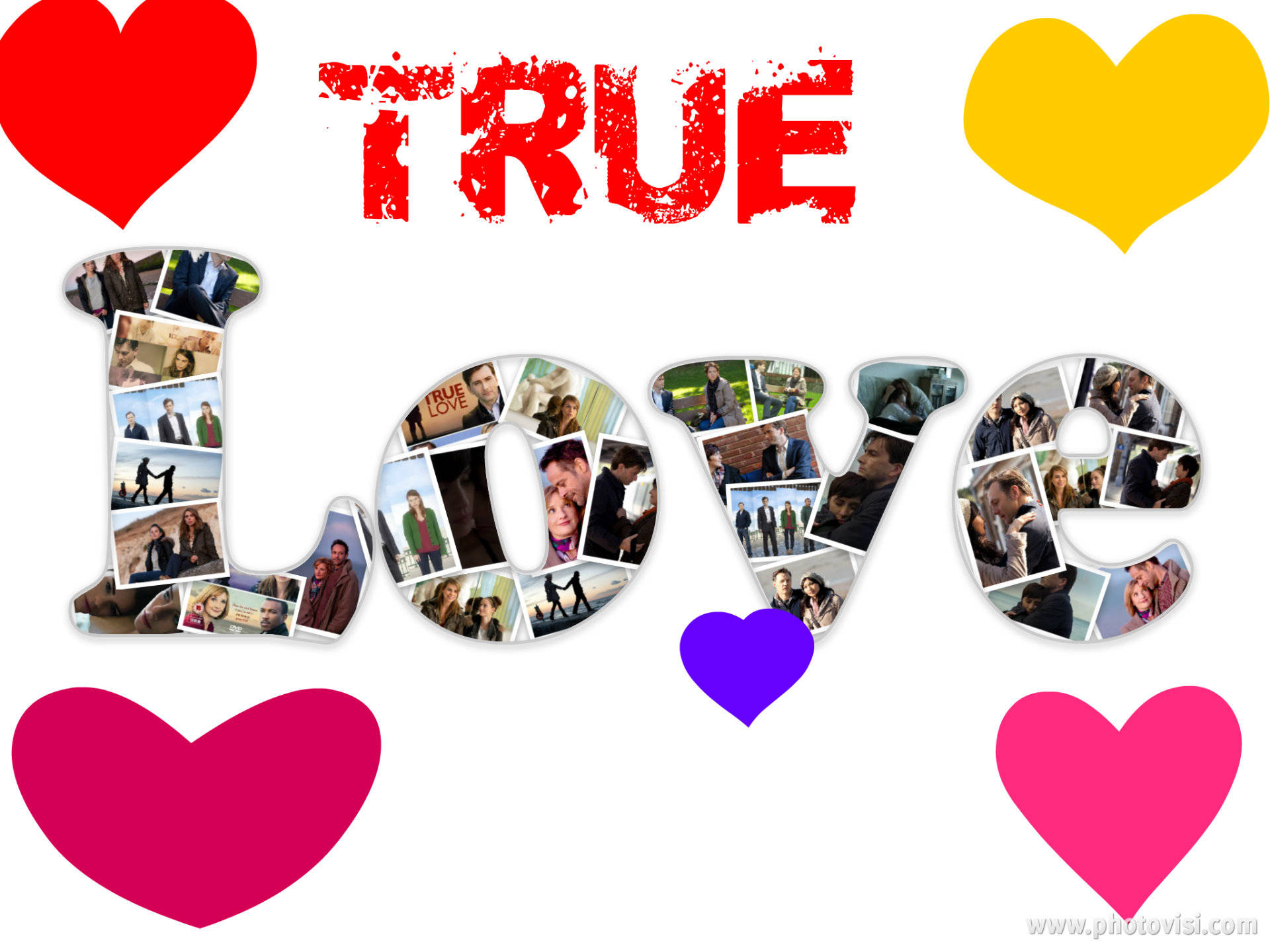 帶有色彩繽紛心形和情侶照片拼貼的 True Love 文字。