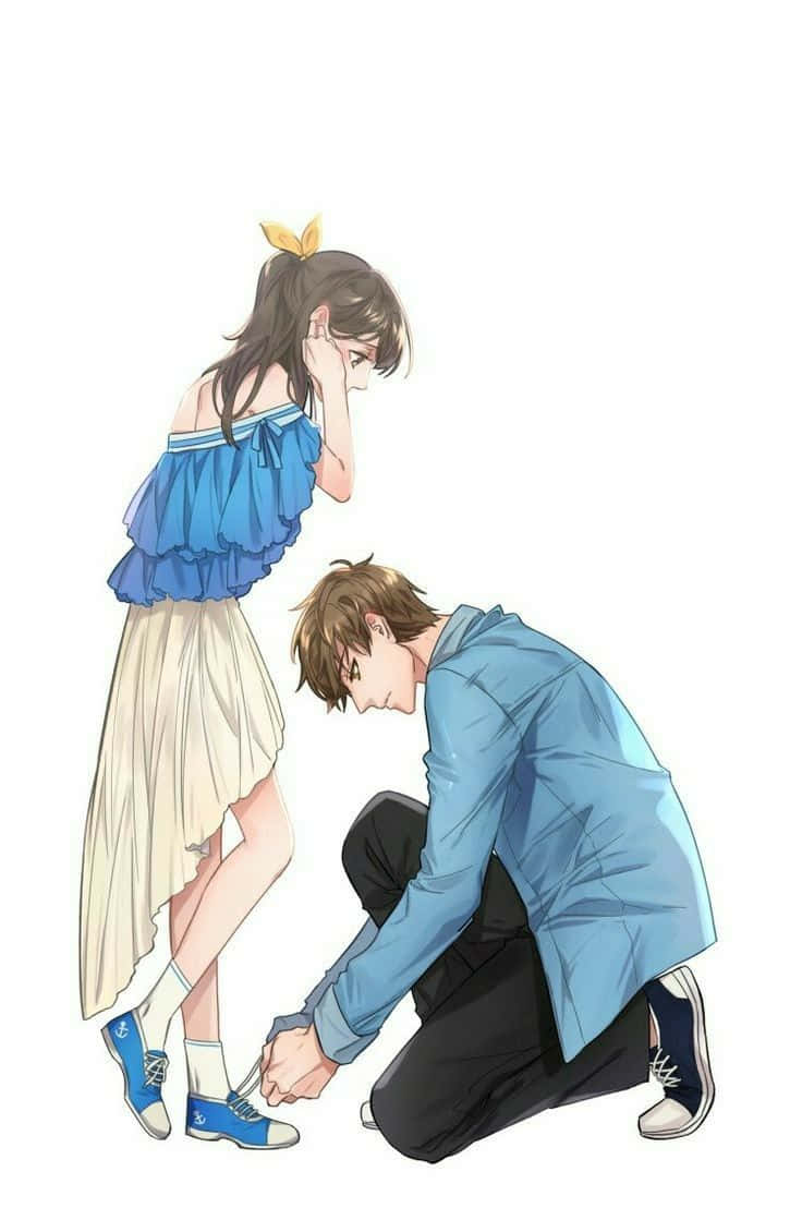 動畫男孩跪下為女孩繫藍色鞋帶，她害羞地低頭看著。