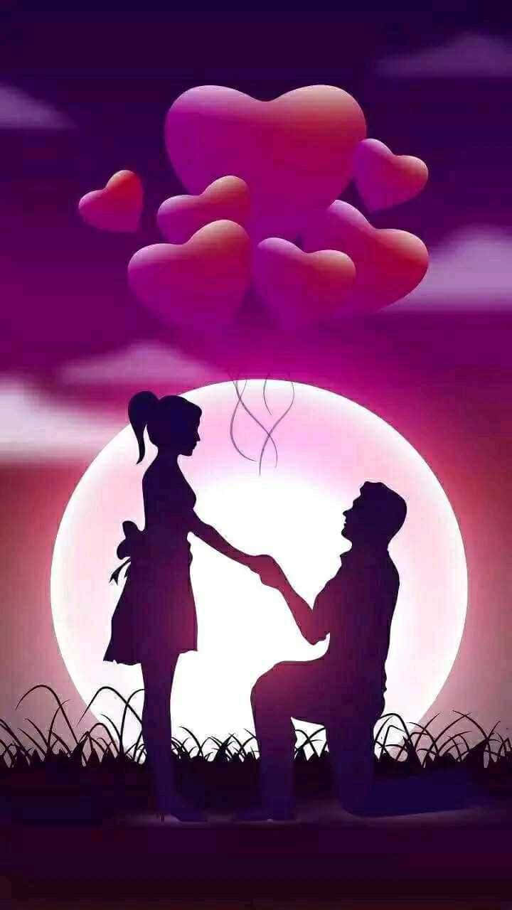 真愛絕非平凡 壁紙 — 一個浪漫的剪影，一個男人跪下來向一個女人求婚，背景是發光的月亮和漂浮的心形。
