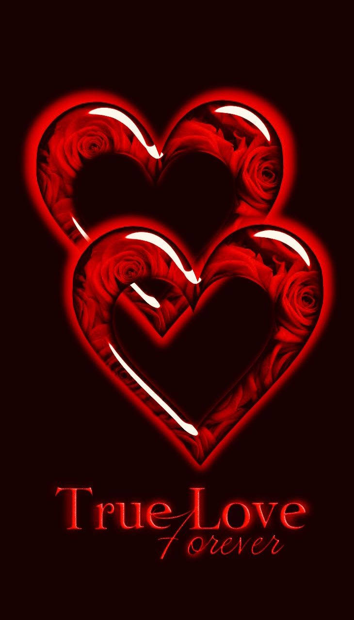 兩顆發光的紅色心形充滿玫瑰，帶有文字True Love Forever。