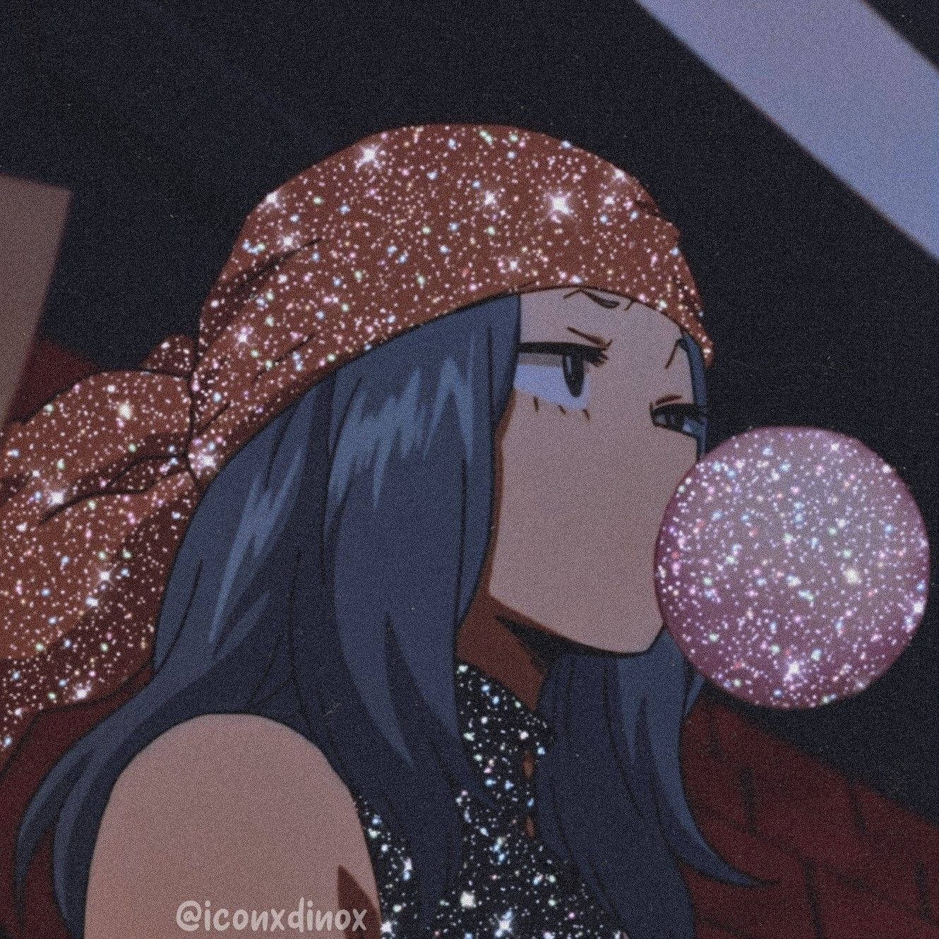藍髮動漫女孩在星空下吹出閃閃發光的泡泡。