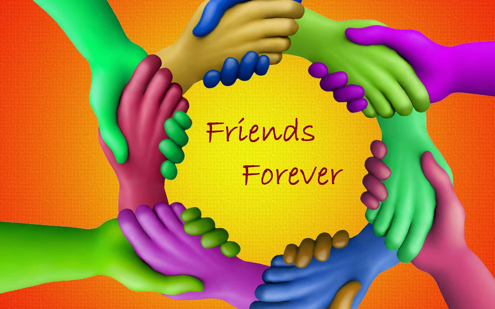色彩繽紛的手形成一個圓圈，帶有文字 Friends Forever。