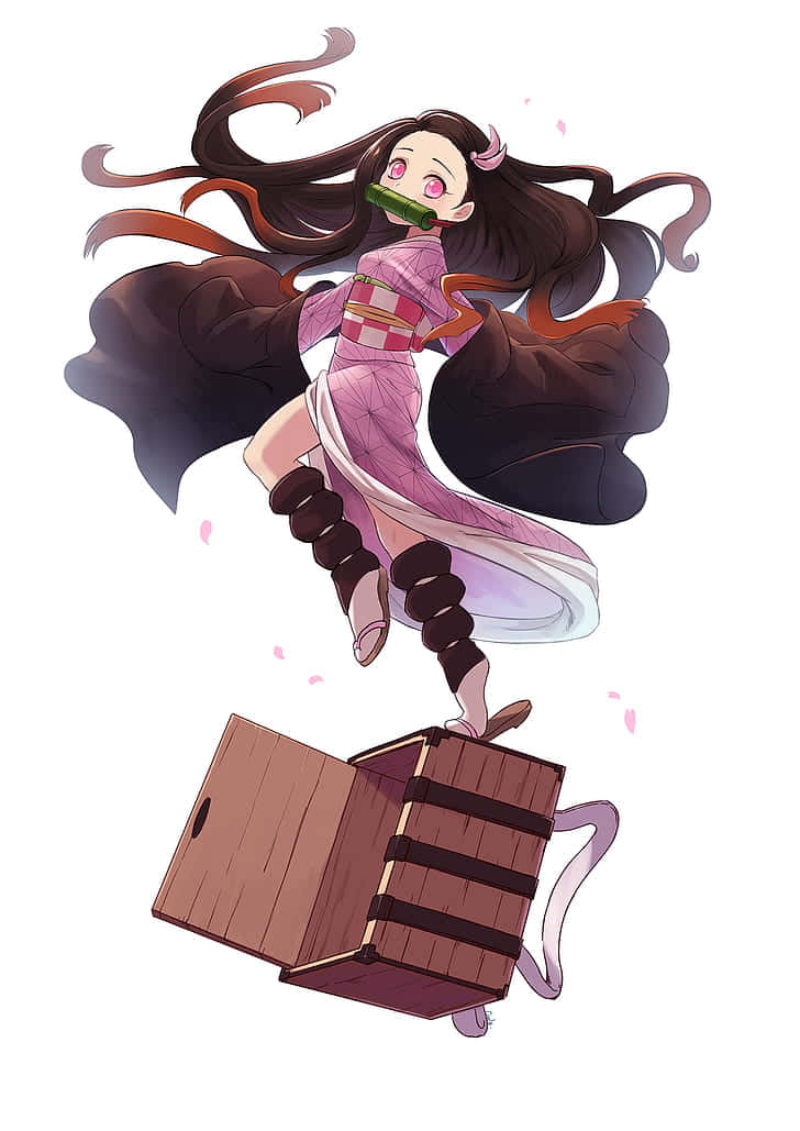 動漫女孩穿著粉紅色和服，口中含著青瓜跳躍，周圍漂浮著粉紅色的花瓣。