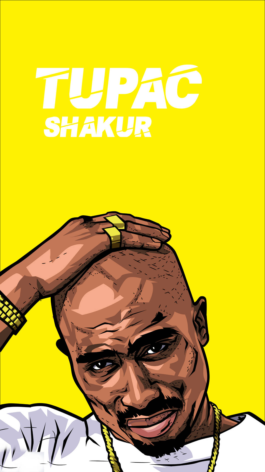 卡通插圖 Tupac Shakur 手放頭上，背景係黃色。