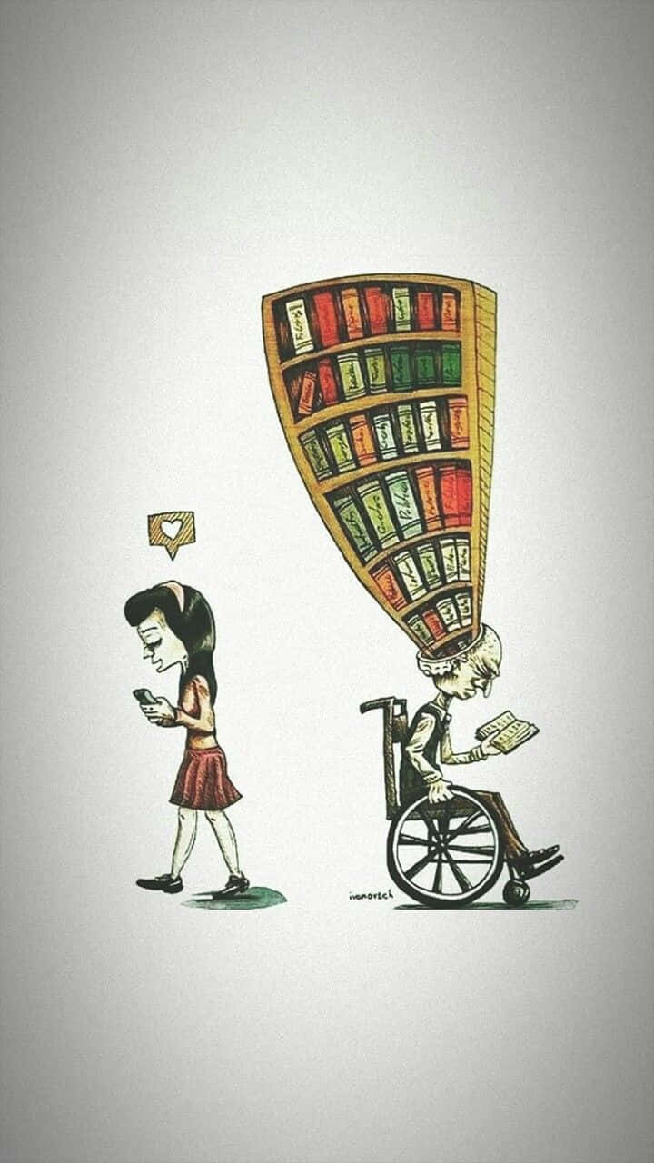 坐在輪椅上的人頭頂書架閱讀書籍，女孩邊走邊用手機。