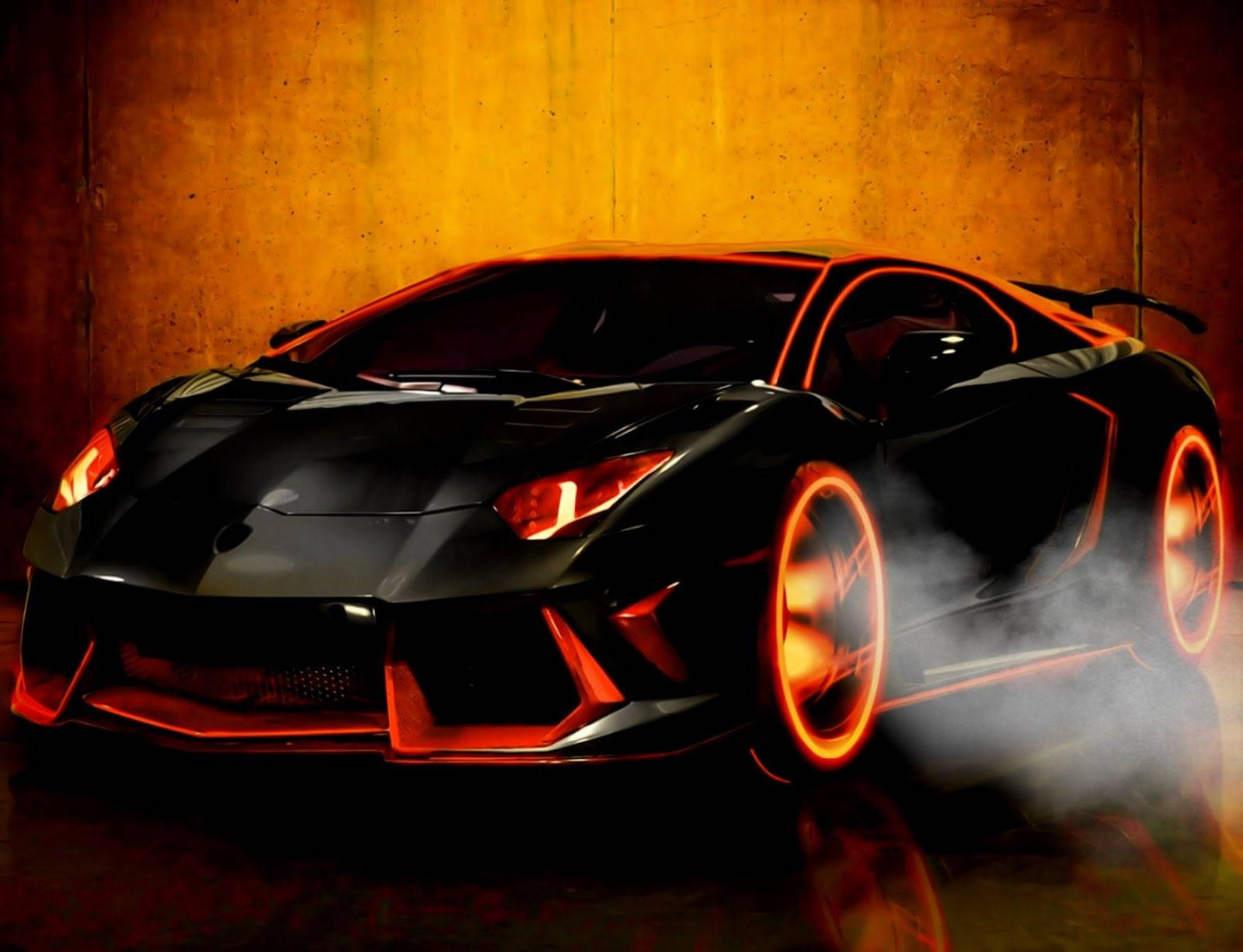 真正酷炫跑車黑色蘭博基尼Aventador 壁紙 — 一輛時尚的黑色跑車，帶有發光的橙色飾邊，輪胎冒著煙，背景是溫暖的紋理牆壁。
