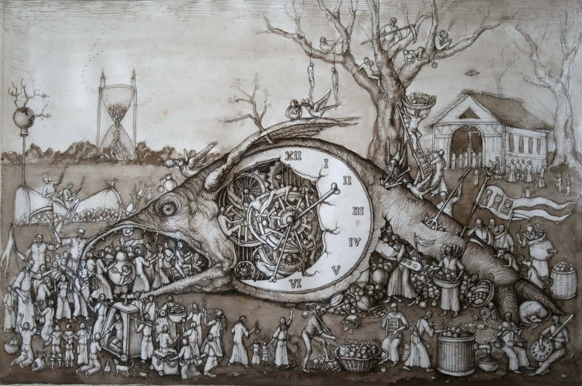 一幅超現實插圖，描繪了一條巨魚，頭部是一個鐘，周圍是熙熙攘攘的人群和象徵性物品。