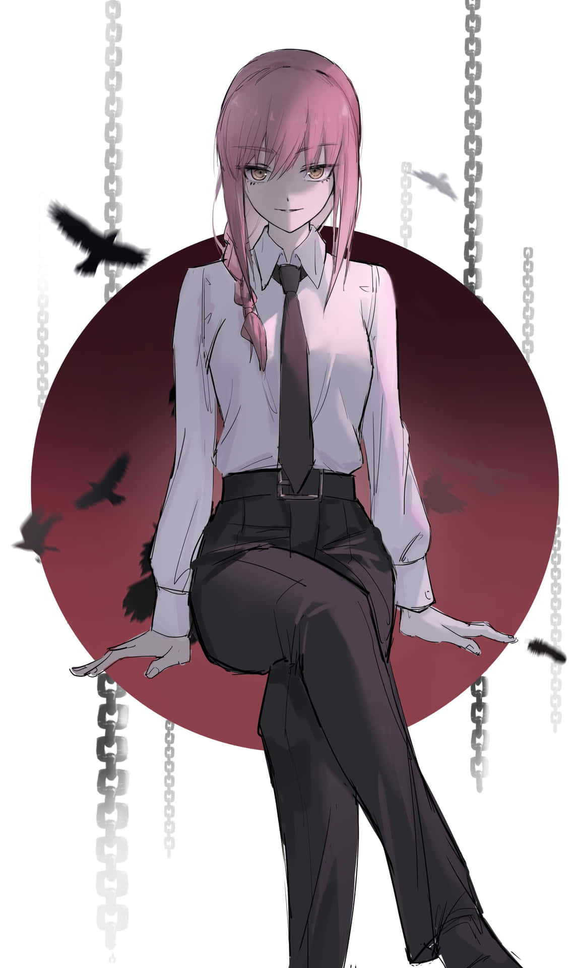粉紅色頭髮的動漫女孩穿著校服，被鎖鏈和烏鴉包圍。