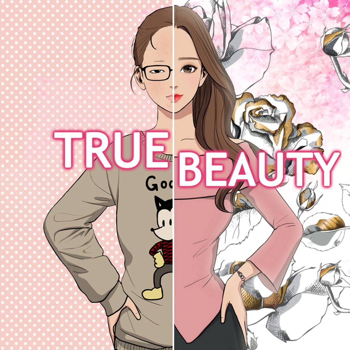 動漫風格女性分割圖像，在花卉背景下展示休閒和優雅造型。 — 美女與野獸 GIF 壁紙