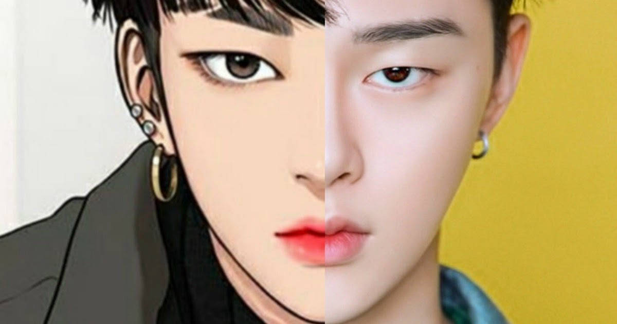 《真美麗》中的硬漢Han Seo-Jun 壁紙 — 分面肖像，左半邊為動漫風格，右半邊為同一人戴著金色圓環耳環的寫實照片。