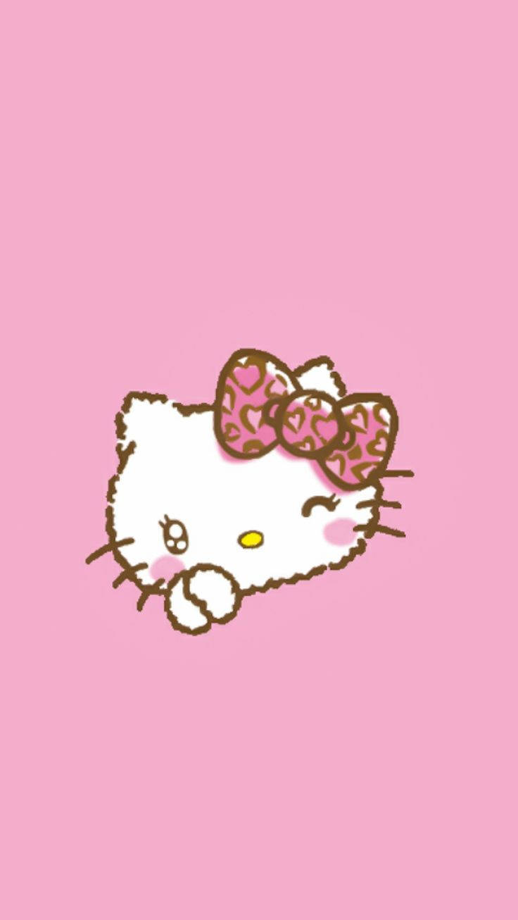 一隻卡通貓，戴住粉紅色豹紋蝴蝶結，喺粉紅色背景上。 — Hello kitty 美學 GIF 壁紙