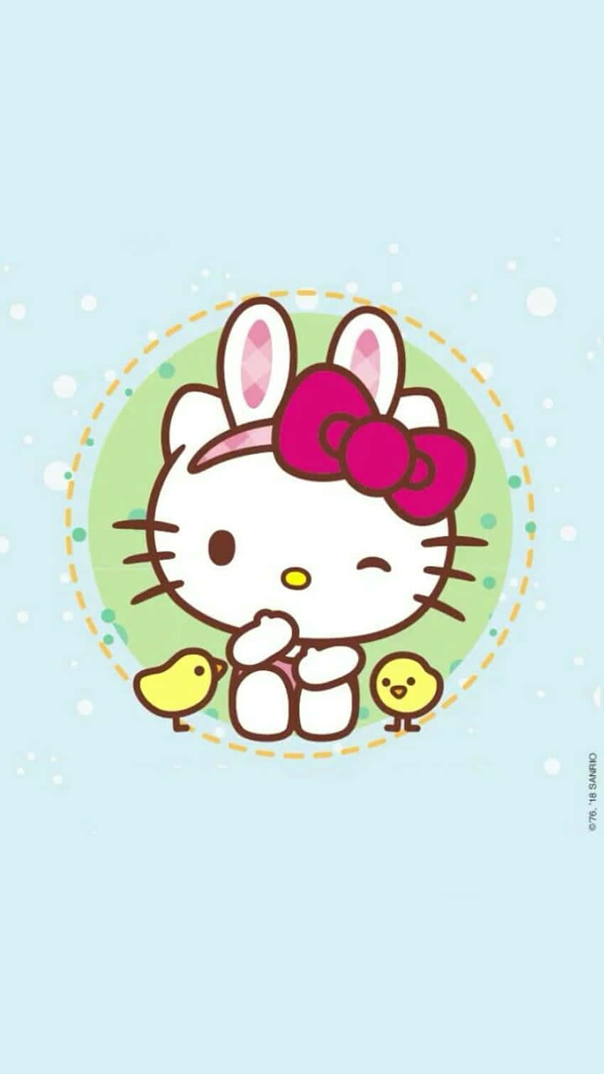 眨眼Hello Kitty頭像 壁紙 — Hello Kitty 戴著兔耳和粉紅色蝴蝶結，溫柔地坐在兩個黃色小雞之間，位於柔軟藍色背景上的圓點圓圈內。