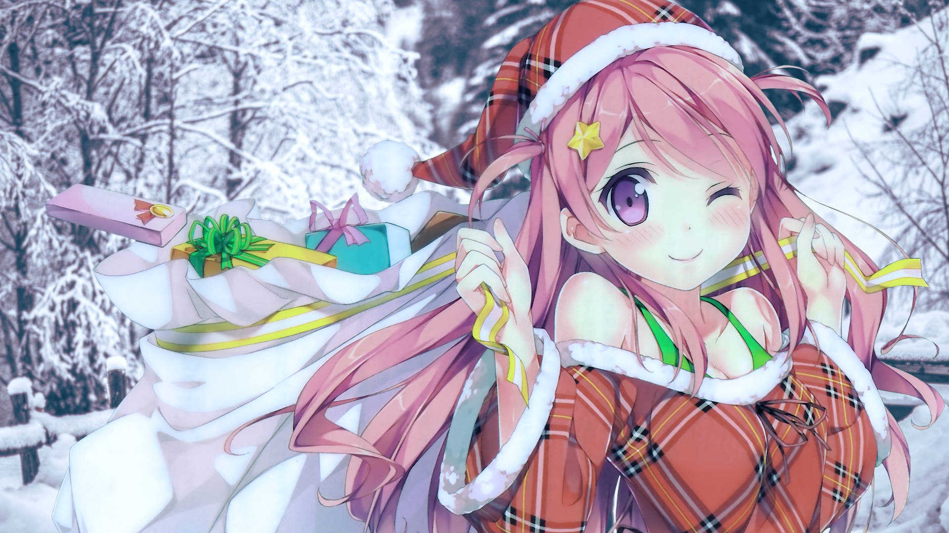 動漫女孩戴聖誕帽在雪地森林背禮物袋