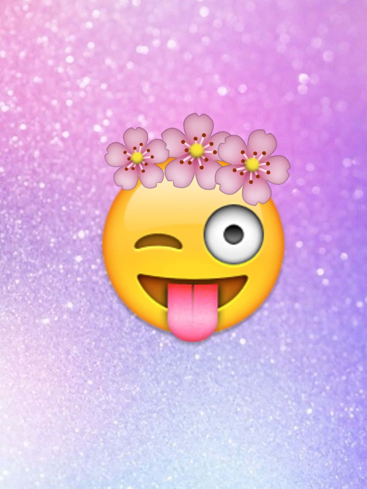 眨眼吐舌的俏皮Emoji女孩 壁紙 — 一個頑皮眨眼的表情符號，戴著櫻花皇冠，在閃爍的紫色漸變背景上伸出舌頭。