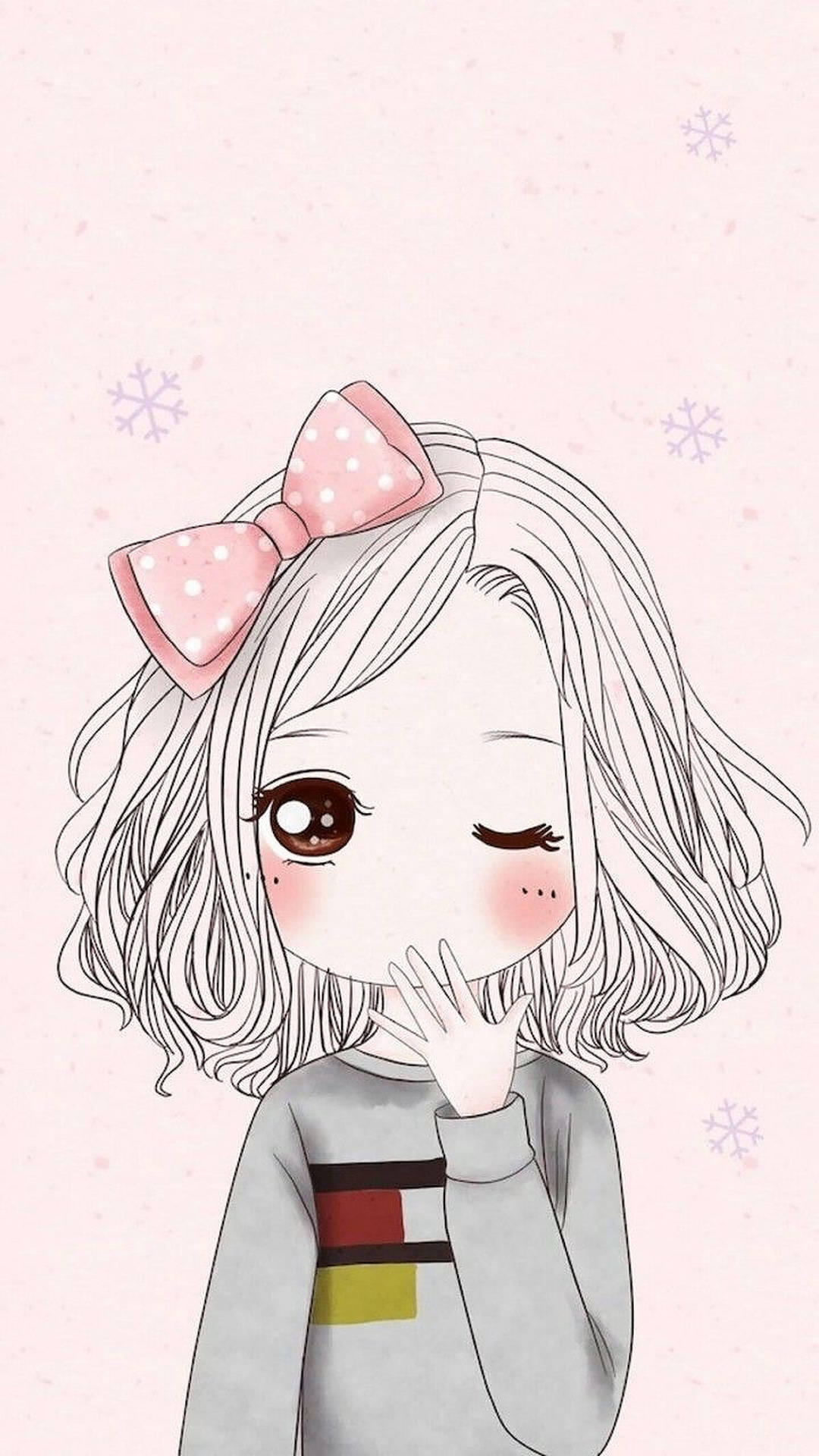 眨眼少女頭像 壁紙 — 一個可愛的動漫女孩，戴著粉紅色圓點蝴蝶結，波浪般的頭髮，在柔和的粉紅色背景下，雪花飄落，她輕輕地捂住嘴巴。