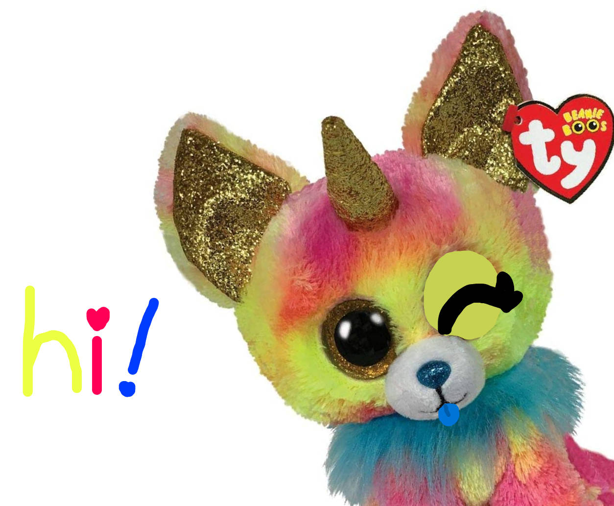 眨眼的Beanie Boos獨角獸 壁紙 — 一隻色彩繽紛閃亮的獨角獸Beanie Boo毛絨玩具，在白色背景上單眼眨眼並說嗨。