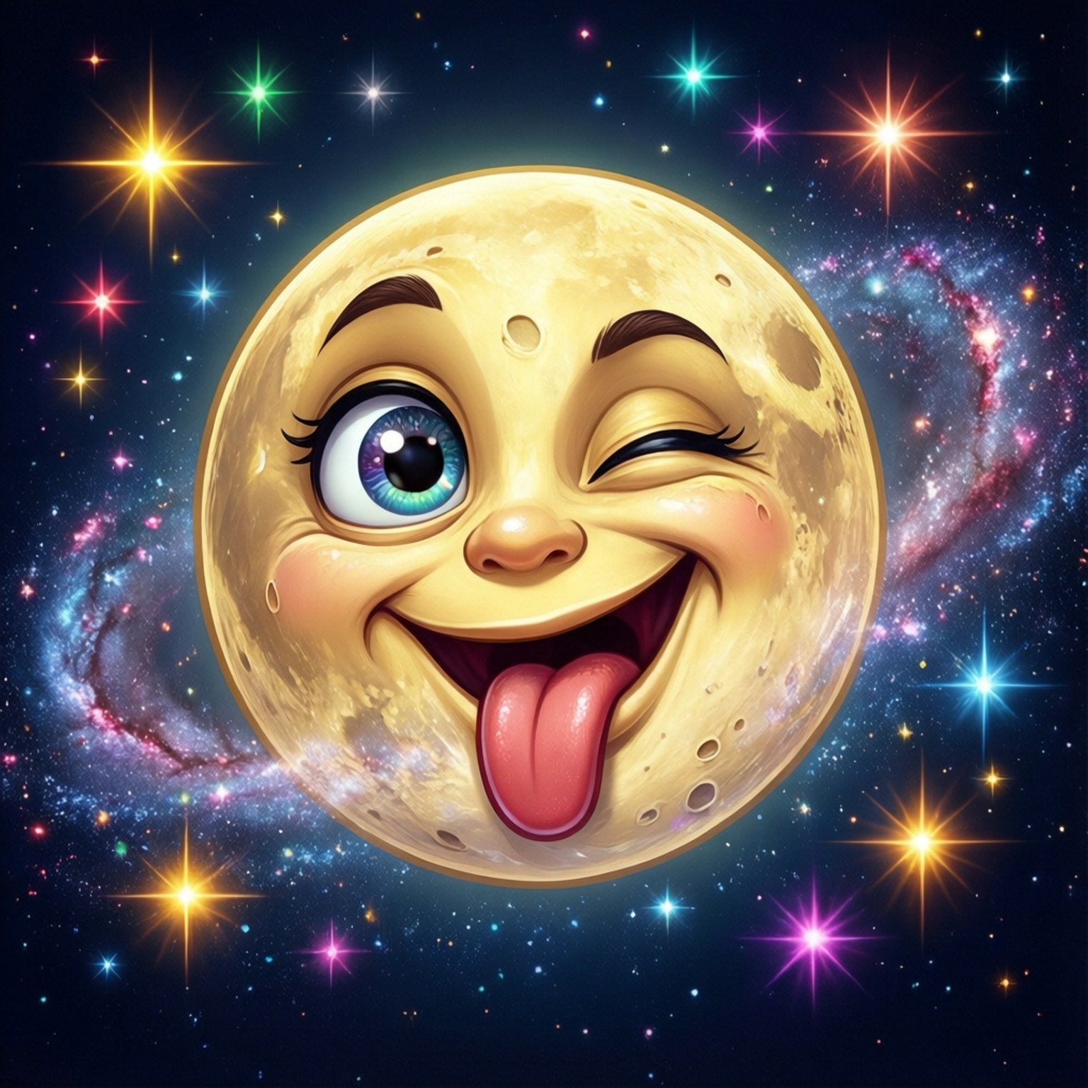 一個在太空中眨眼吐舌的快樂卡通月亮。