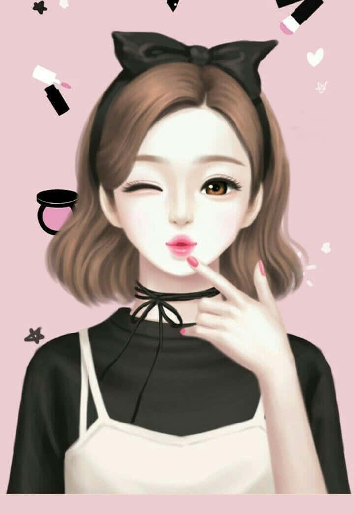 動漫女孩拿著粉紅色唇膏眨眼，化妝品在她周圍漂浮。