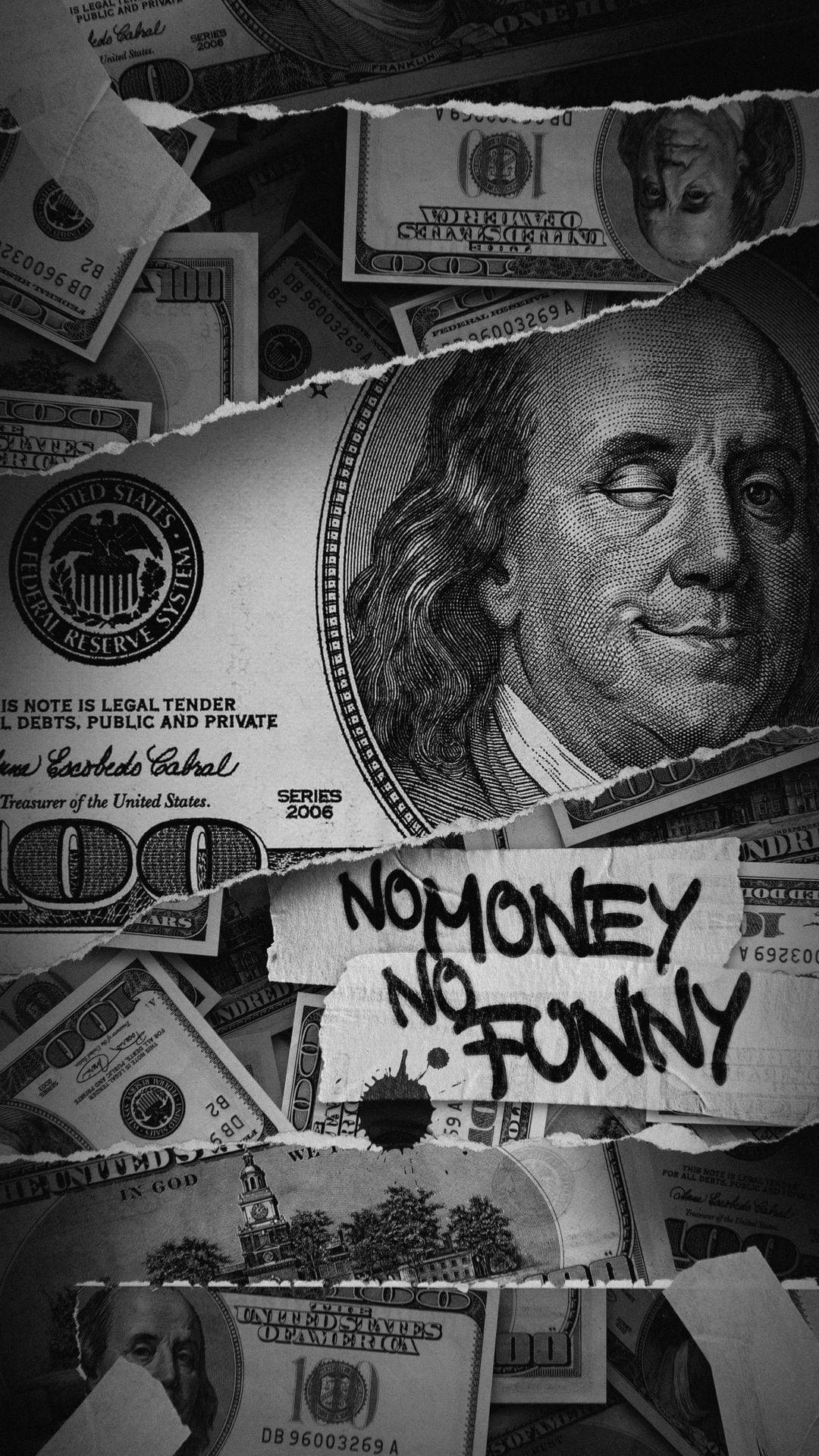 撕裂的美元鈔票，在本傑明·富蘭克林的肖像上有塗鴉寫著「No Money No Funny」。