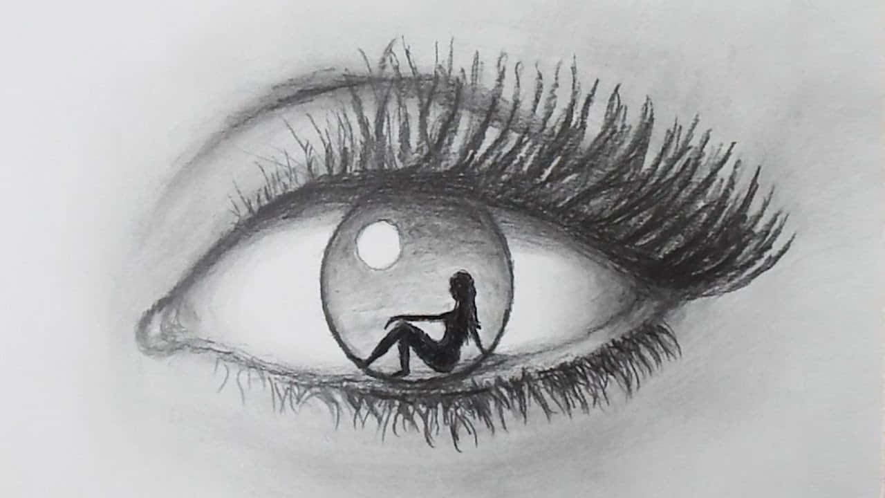 眼中的女孩素描圖 壁紙 — 一幅詳細的鉛筆畫，描繪一隻眼睛，瞳孔內坐著一個人，下方有月亮。