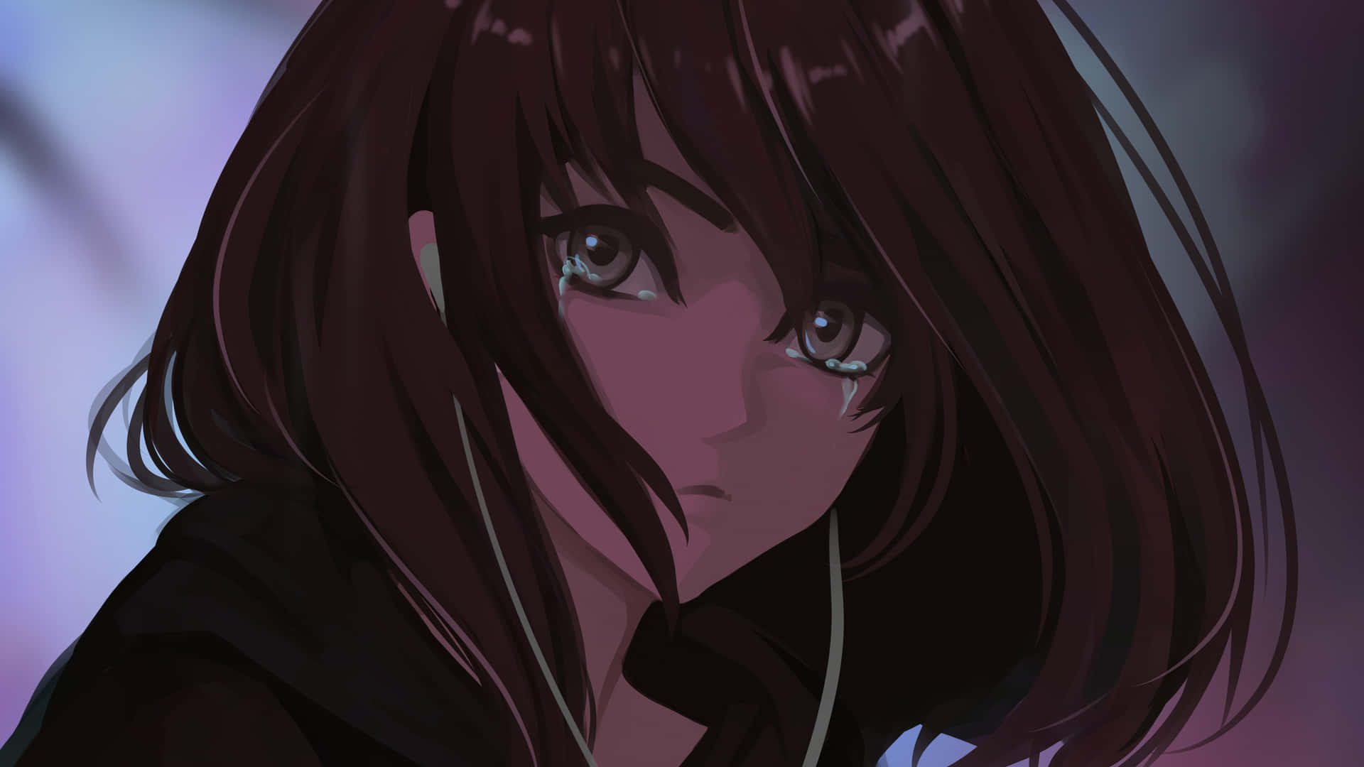 深色頭髮的動漫女孩在昏暗的紫色燈光下輕輕哭泣。