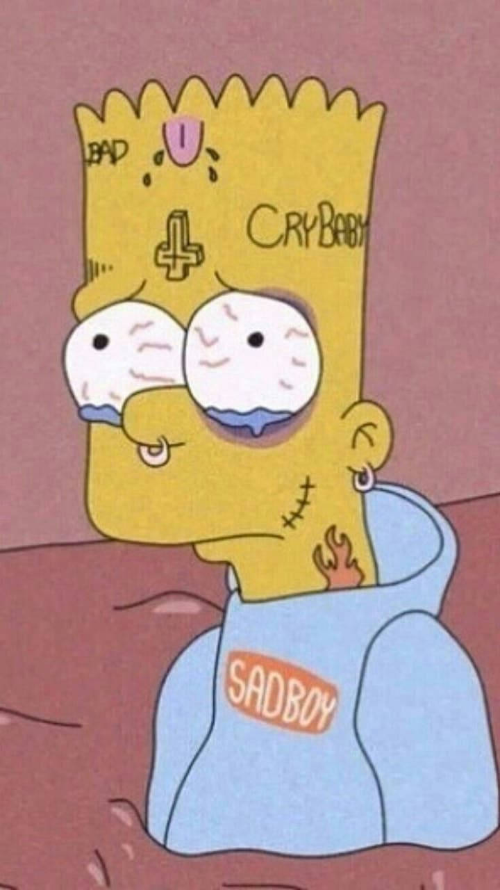 巴特·辛普森帶著悲傷的眼神和紋身，穿著sadboy連帽衫。