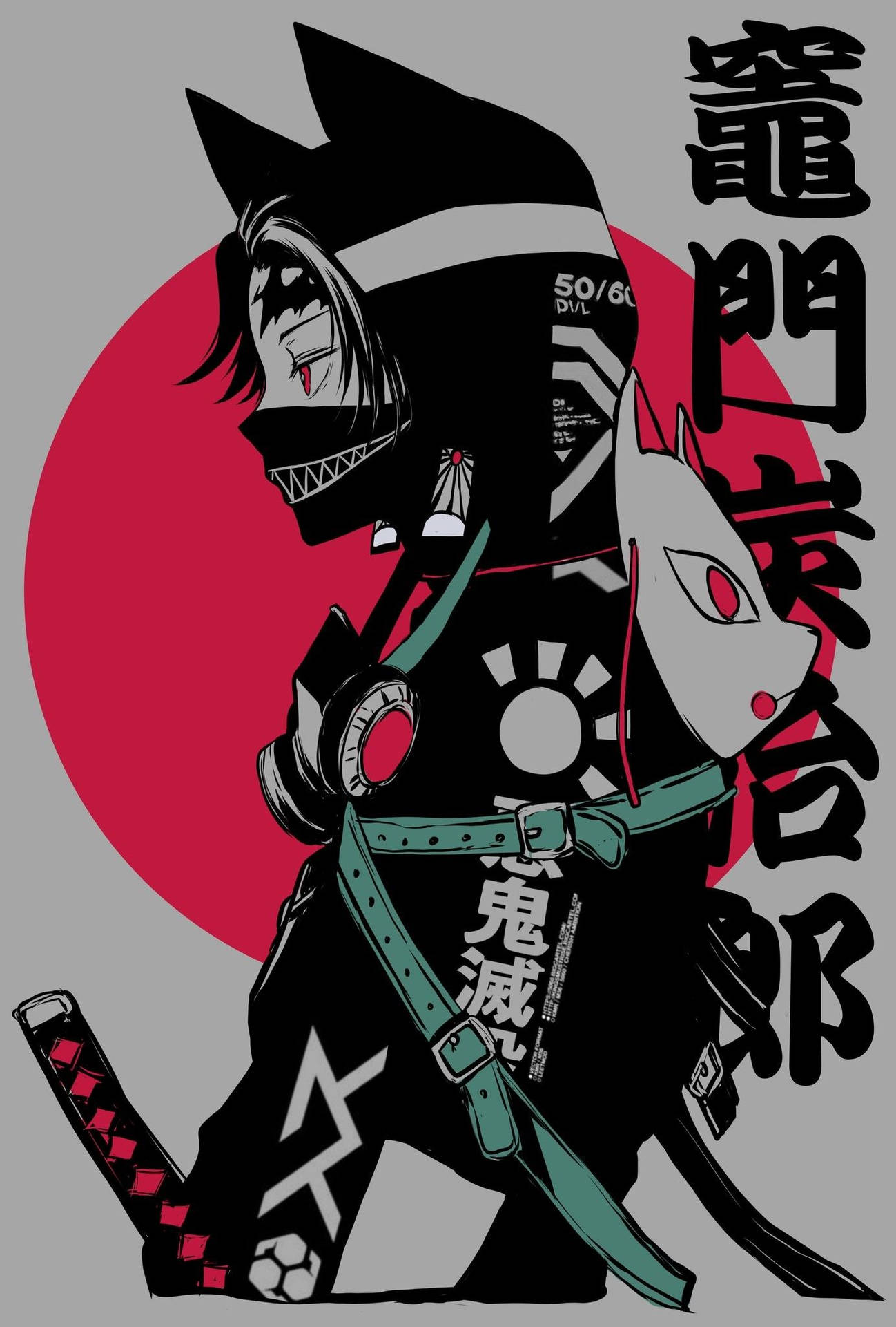 動漫戰士，有狼耳朵和武士刀，以紅太陽和日文字為背景。