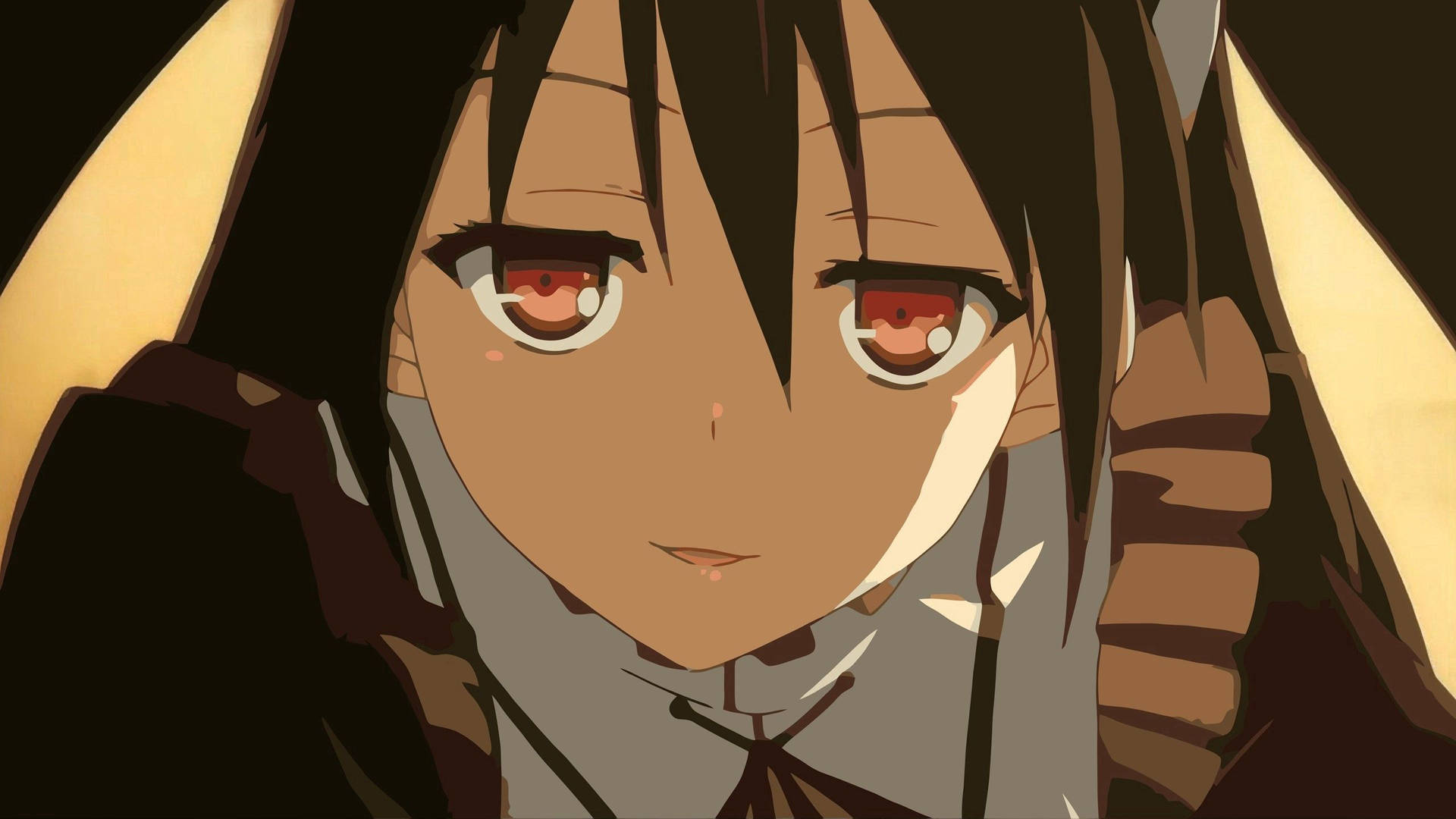 紅眼黑髮的動漫少女對觀眾溫柔微笑。