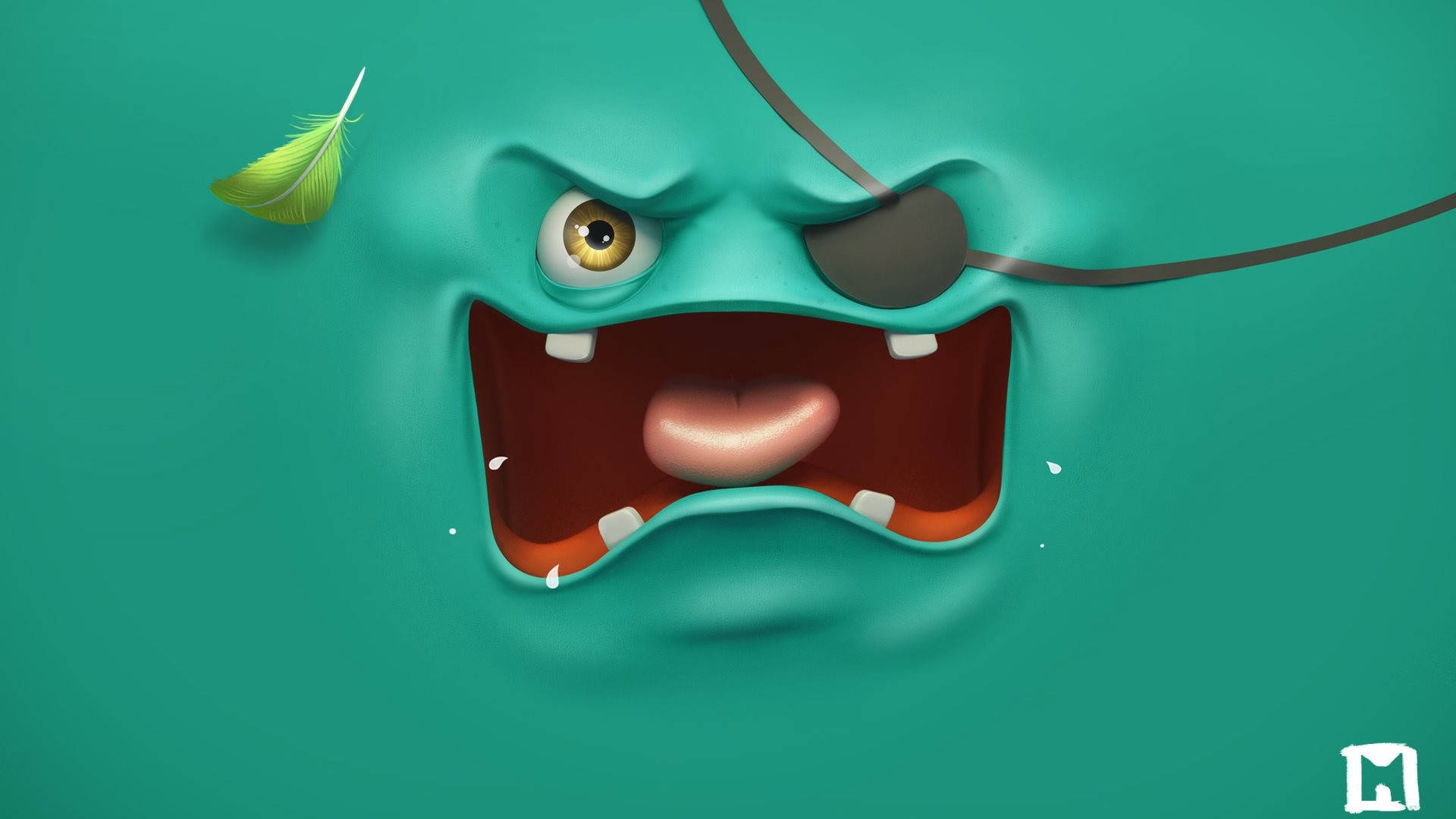 眼罩搞笑臉 壁紙 — 一隻戴著眼罩、表情憤怒的藍綠色卡通怪物，在羽毛飛近臉部時咆哮。