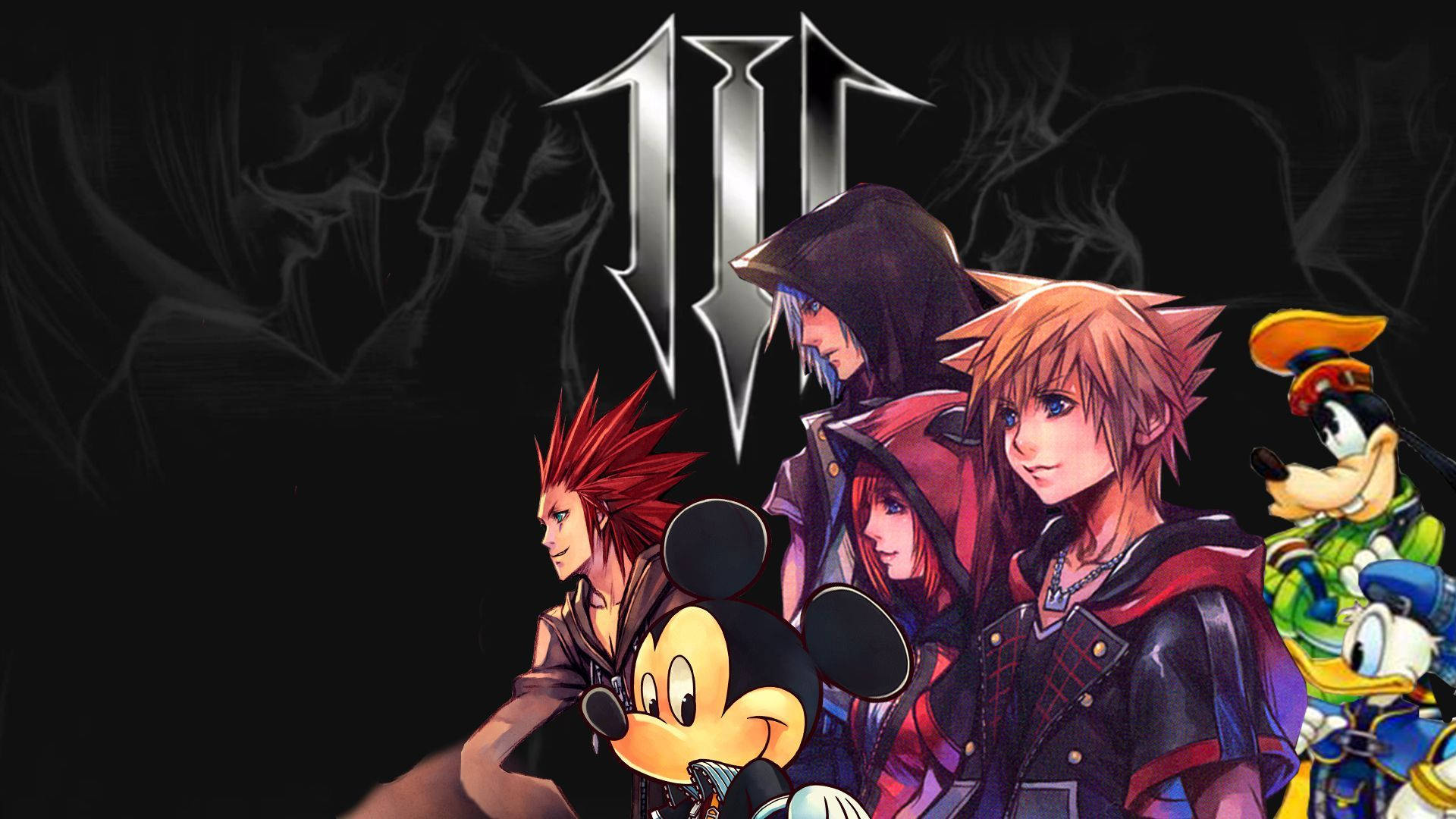 Kingdom Hearts角色，包括米奇老鼠和索拉，在遊戲標誌前。