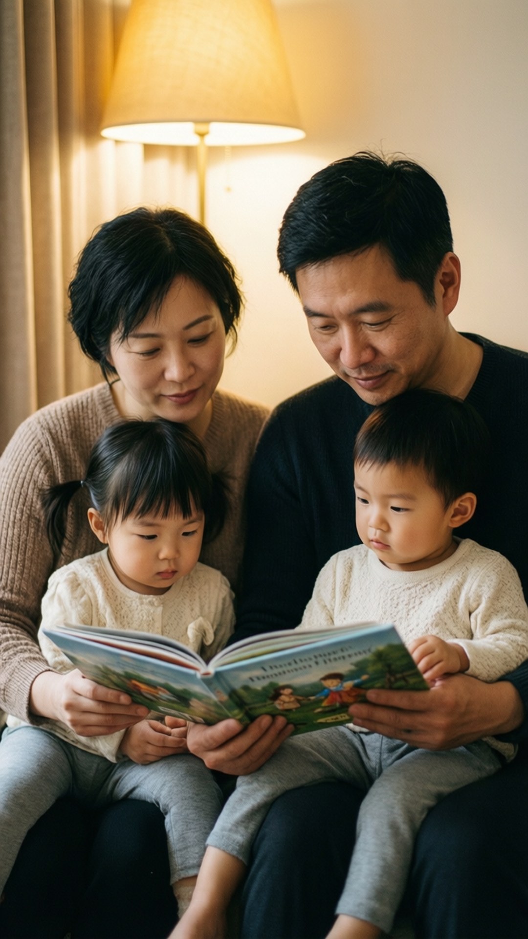 睡前故事親密時光 壁紙 — 一家四口坐在一起，被地燈溫暖地照亮，正在閱讀一本色彩繽紛的圖畫書。