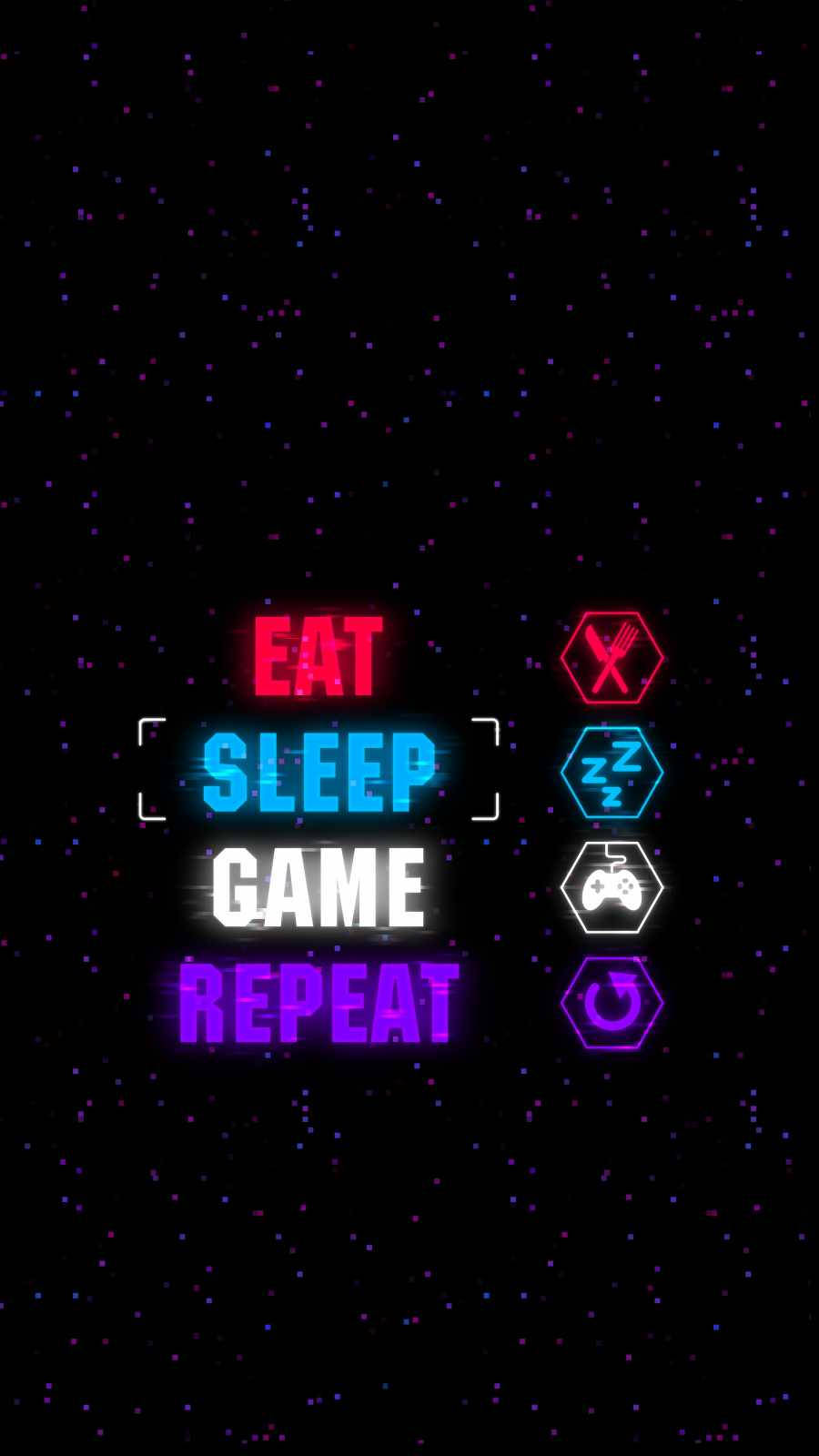 霓虹文字 eat sleep game repeat 搭配遊戲圖標，背景為星空