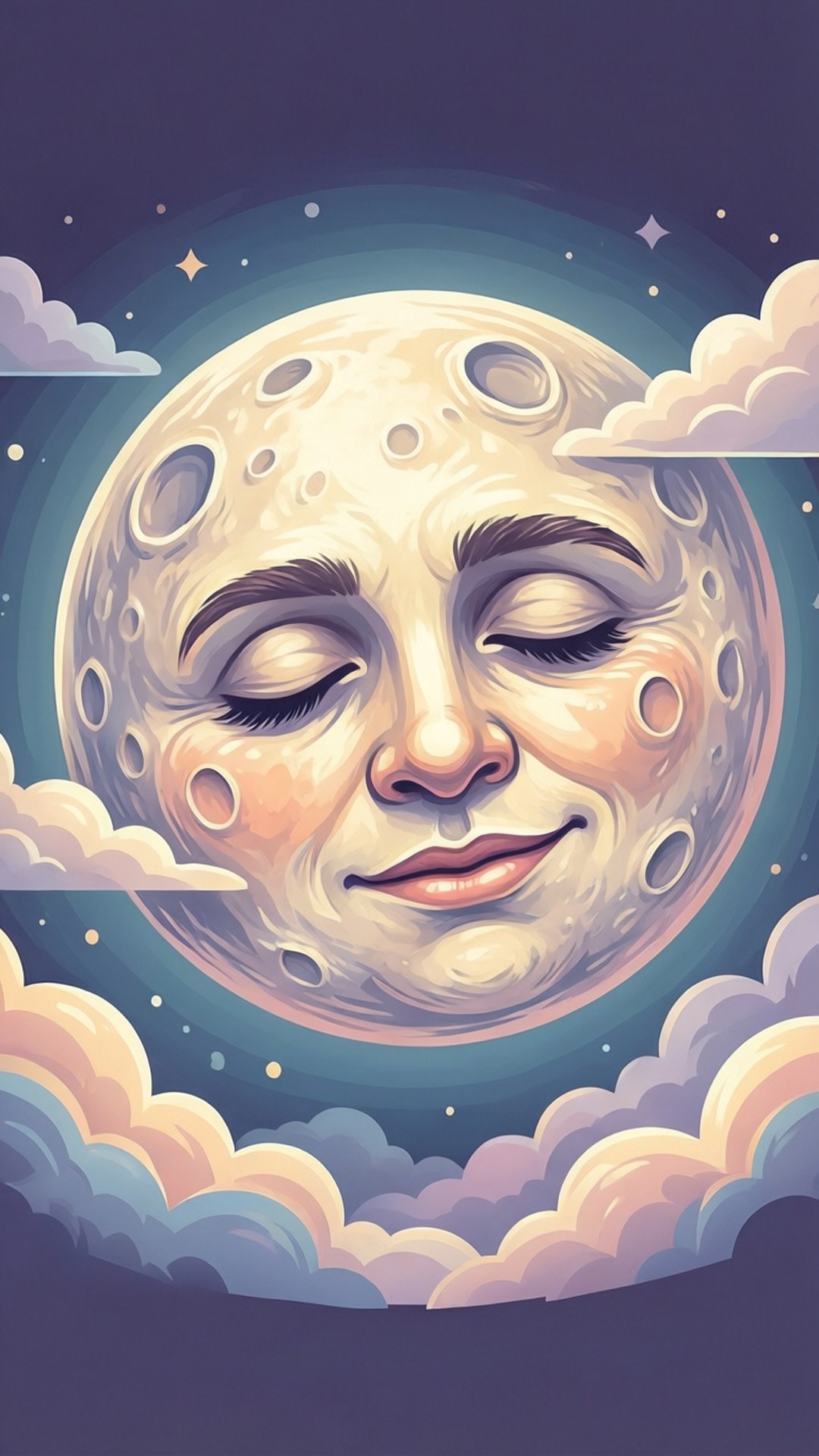 一張可愛的SVG壁紙，畫面為一輪帶著睡眼的月亮，以柔和的粉彩呈現。
