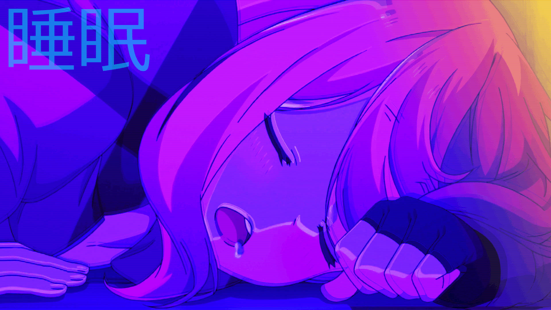 動漫女孩帶著眼淚睡覺，沐浴在紫色和藍色的光中。