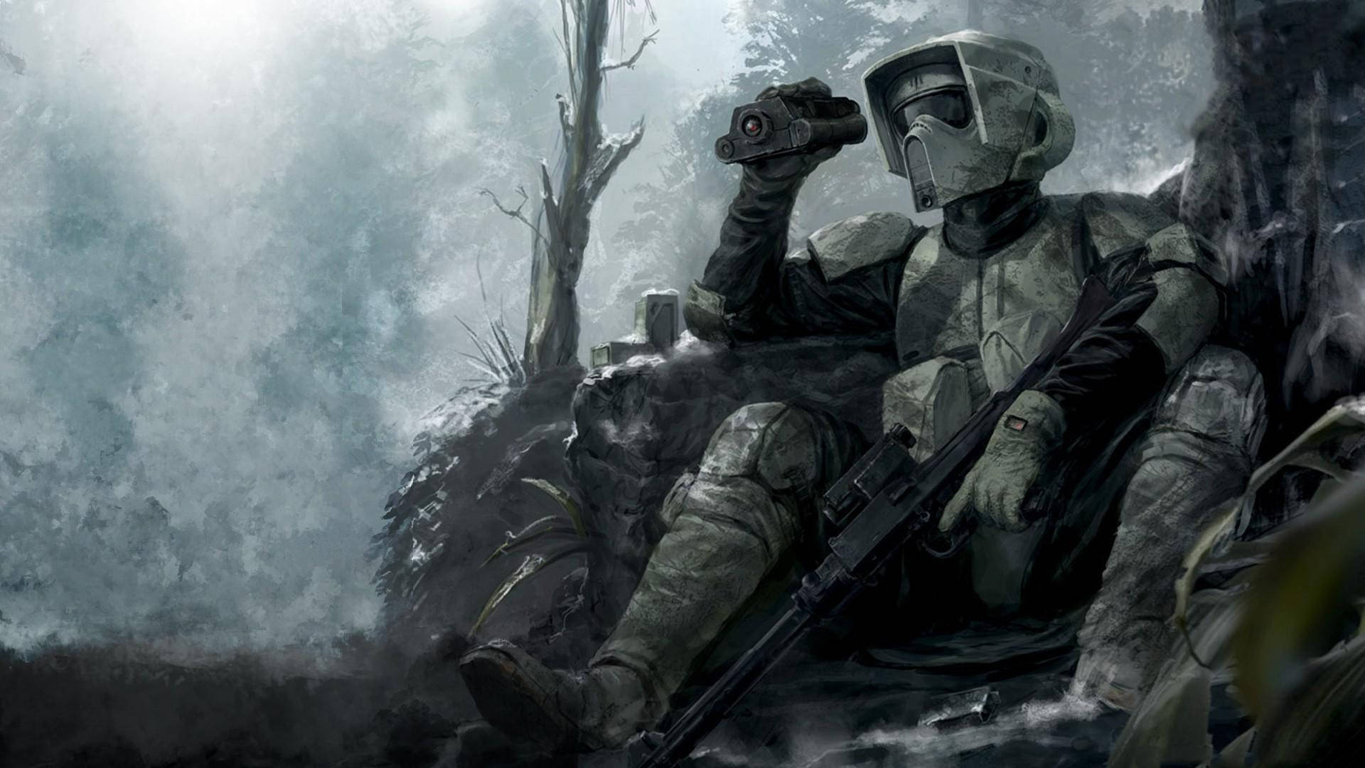 穿著迷彩服的士兵在霧氣瀰漫的森林中用雙筒望遠鏡掃視。